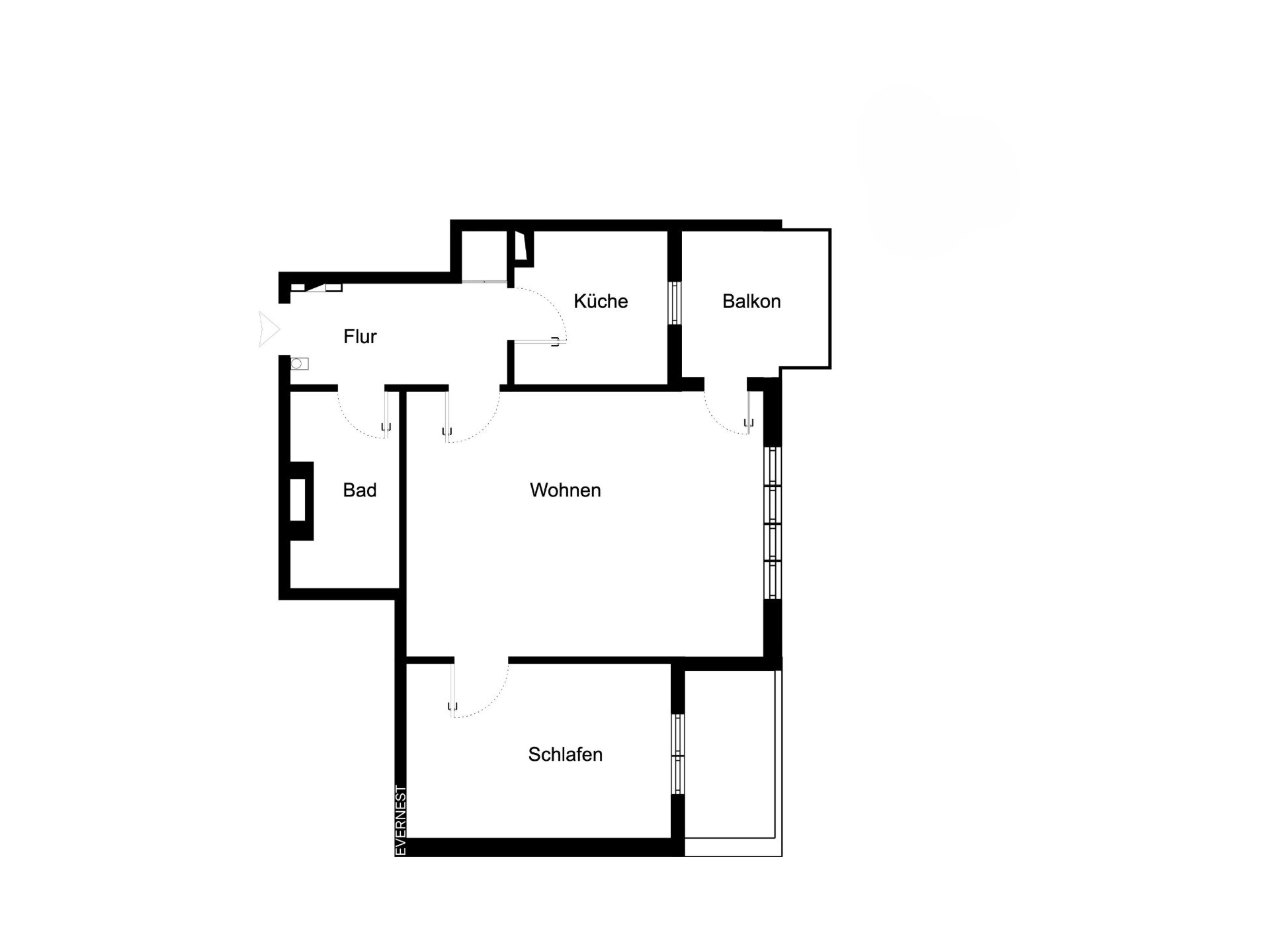 Grundriss einer Wohnung mit Flur, Bad, Küche, Balkon, Wohnen und Schlafen.