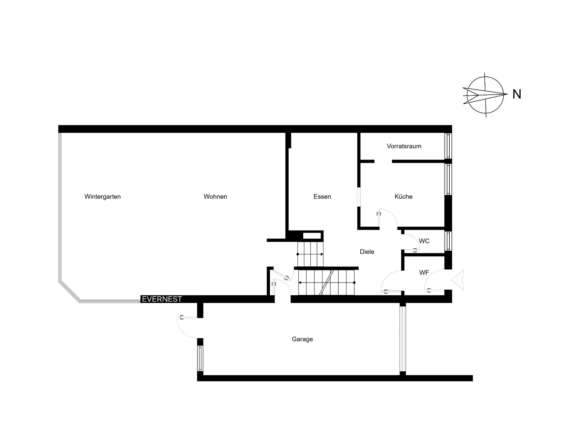 Grundriss eines Hauses mit Wintergarten, Wohnzimmer, Küche, Garage und weiteren Räumen.