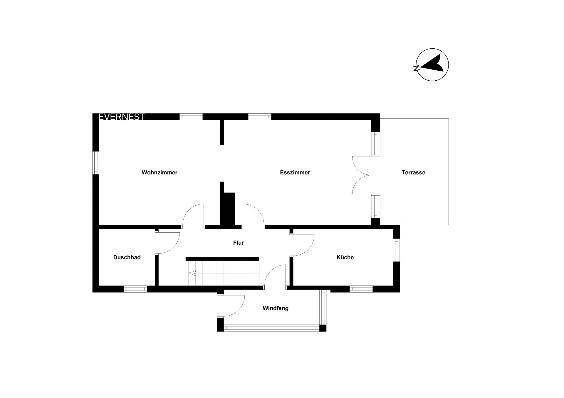 Grundriss eines Wohnhauses mit Wohnzimmer, Esszimmer, Küche, Duschbad, Flur, Windfang und Terrasse.