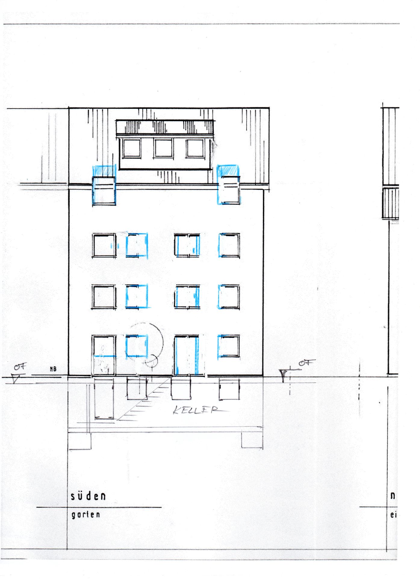 Skizze einer Hausfassade mit mehreren Fenstern und Kellereingang, Ansicht von Süden.
