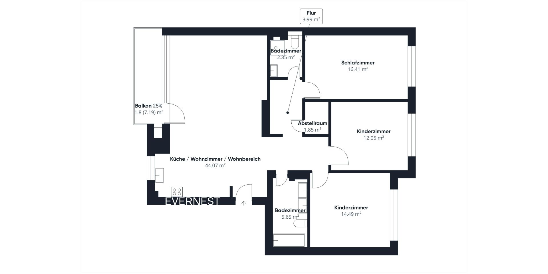 Grundriss einer Wohnung mit drei Zimmern, zwei Bädern, Abstellraum, Flur, Küche und Balkon.
