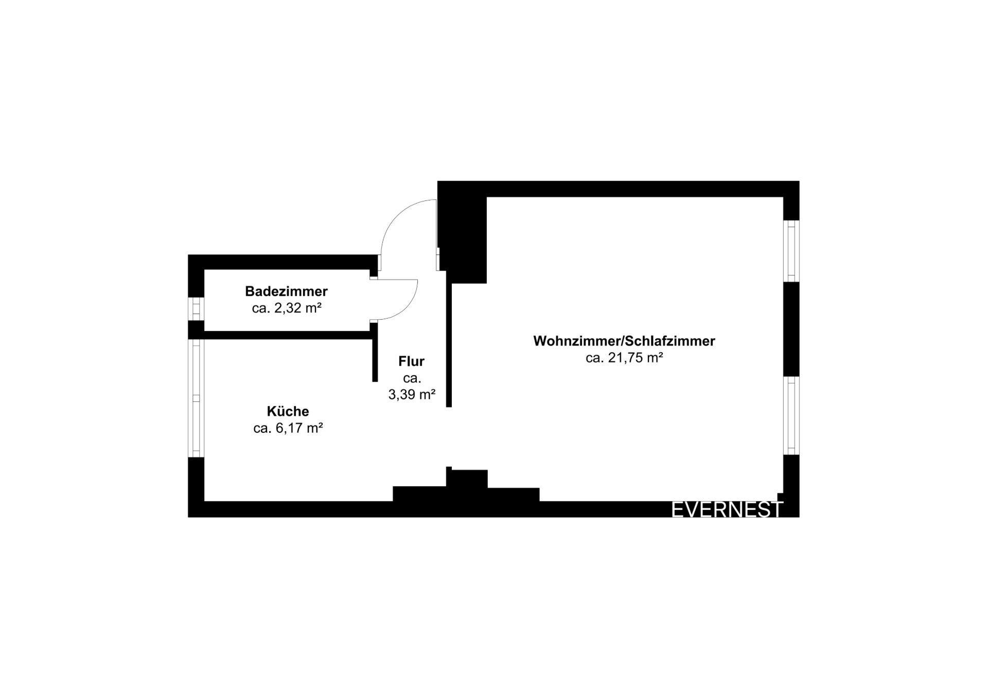 Grundriss einer Wohnung mit Wohnzimmer/Schlafzimmer, Küche, Flur und Badezimmer.