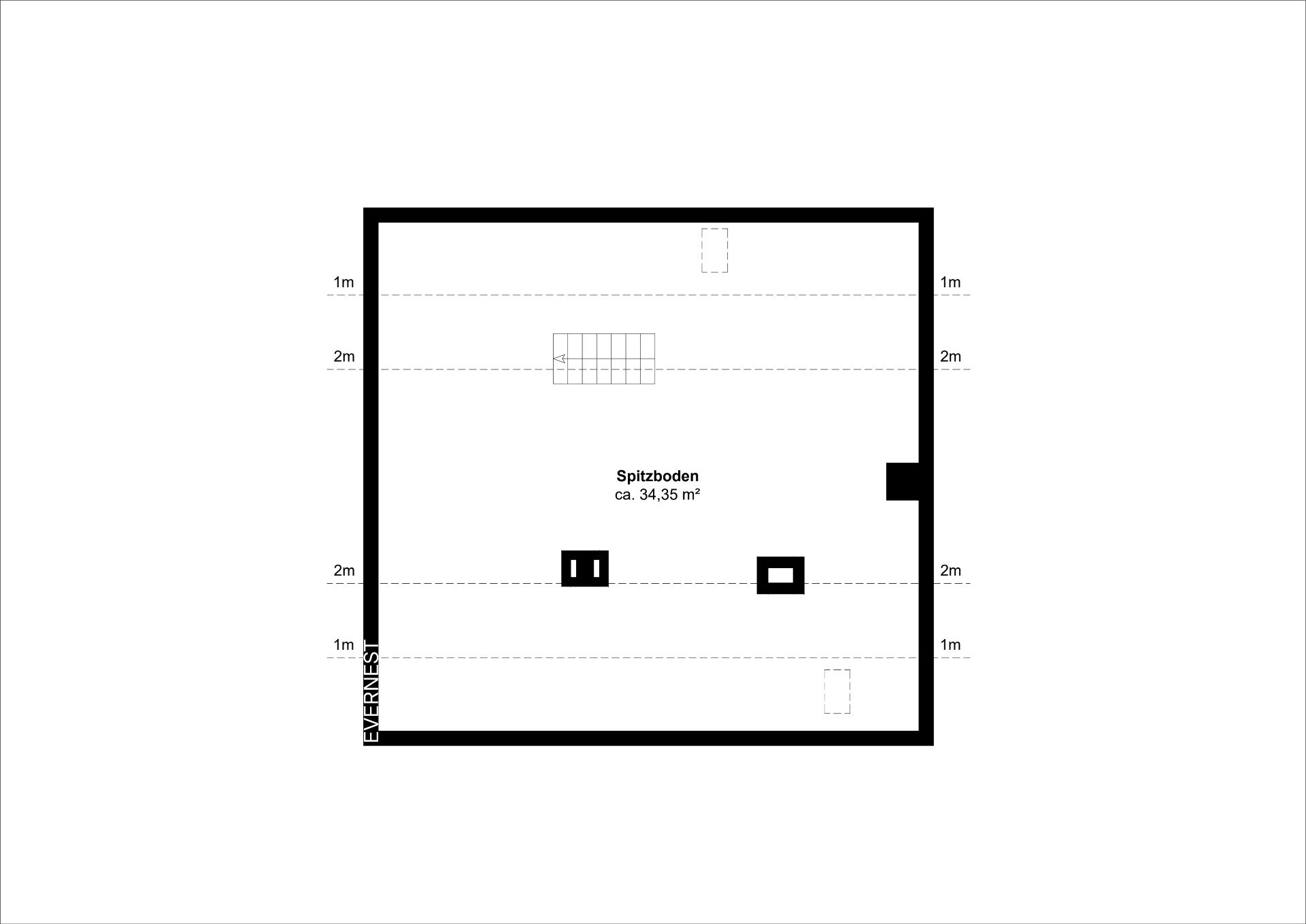 Grundriss eines Spitzbodens mit ca. 34,35 m² Fläche und Treppenaufgang.