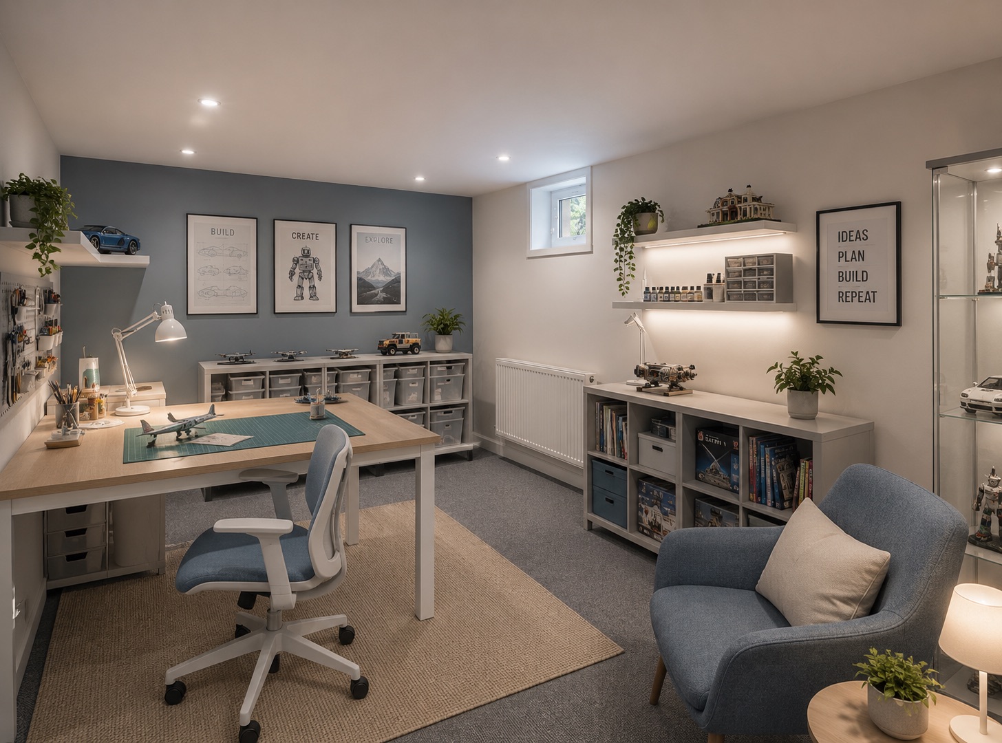 Modernes Arbeitszimmer mit Schreibtisch, Regal, Stuhl und mehreren Pflanzen.