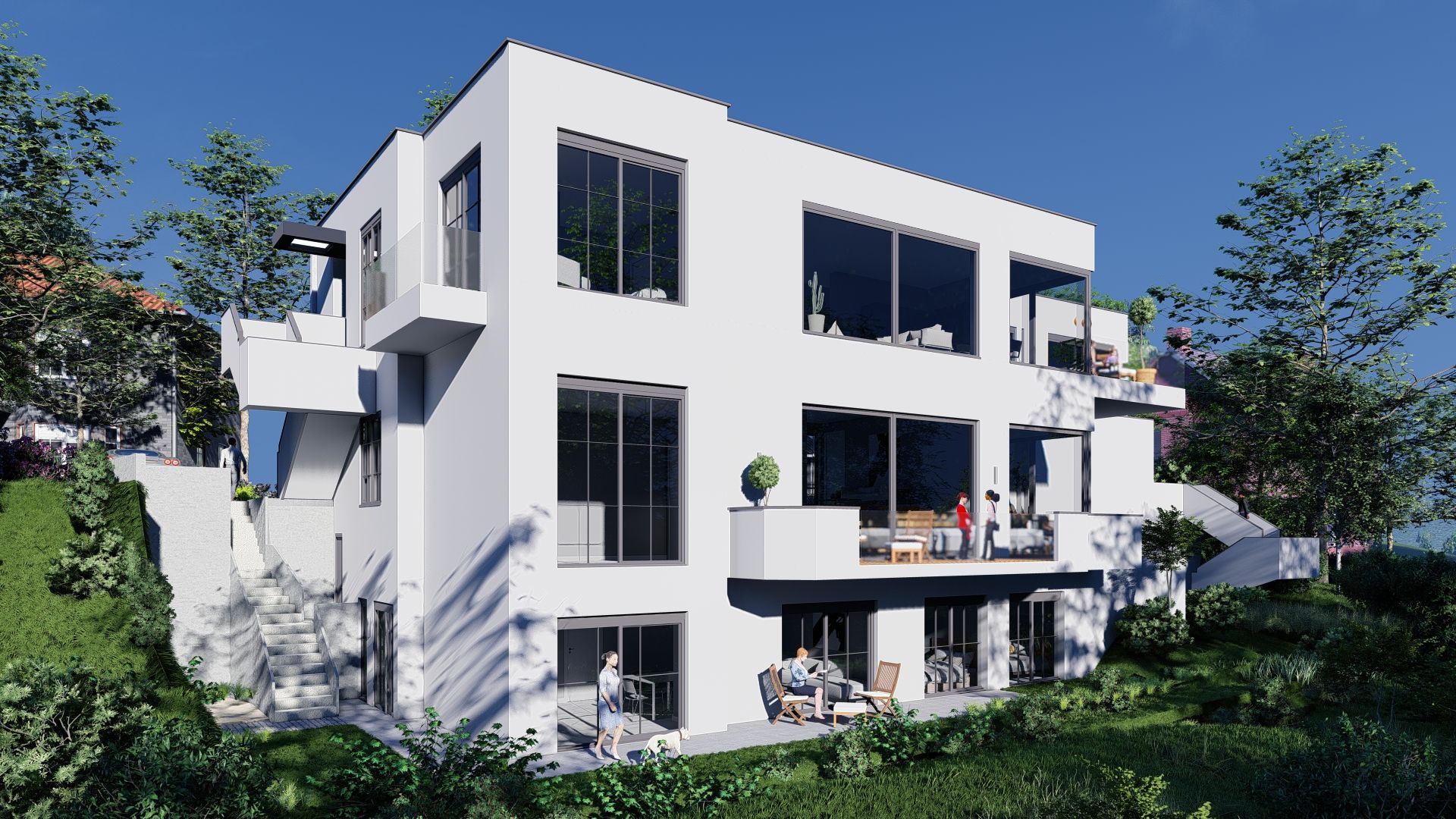 Modernes, weißes Mehrfamilienhaus mit großen Fenstern und Terrassen, umgeben von Grün.