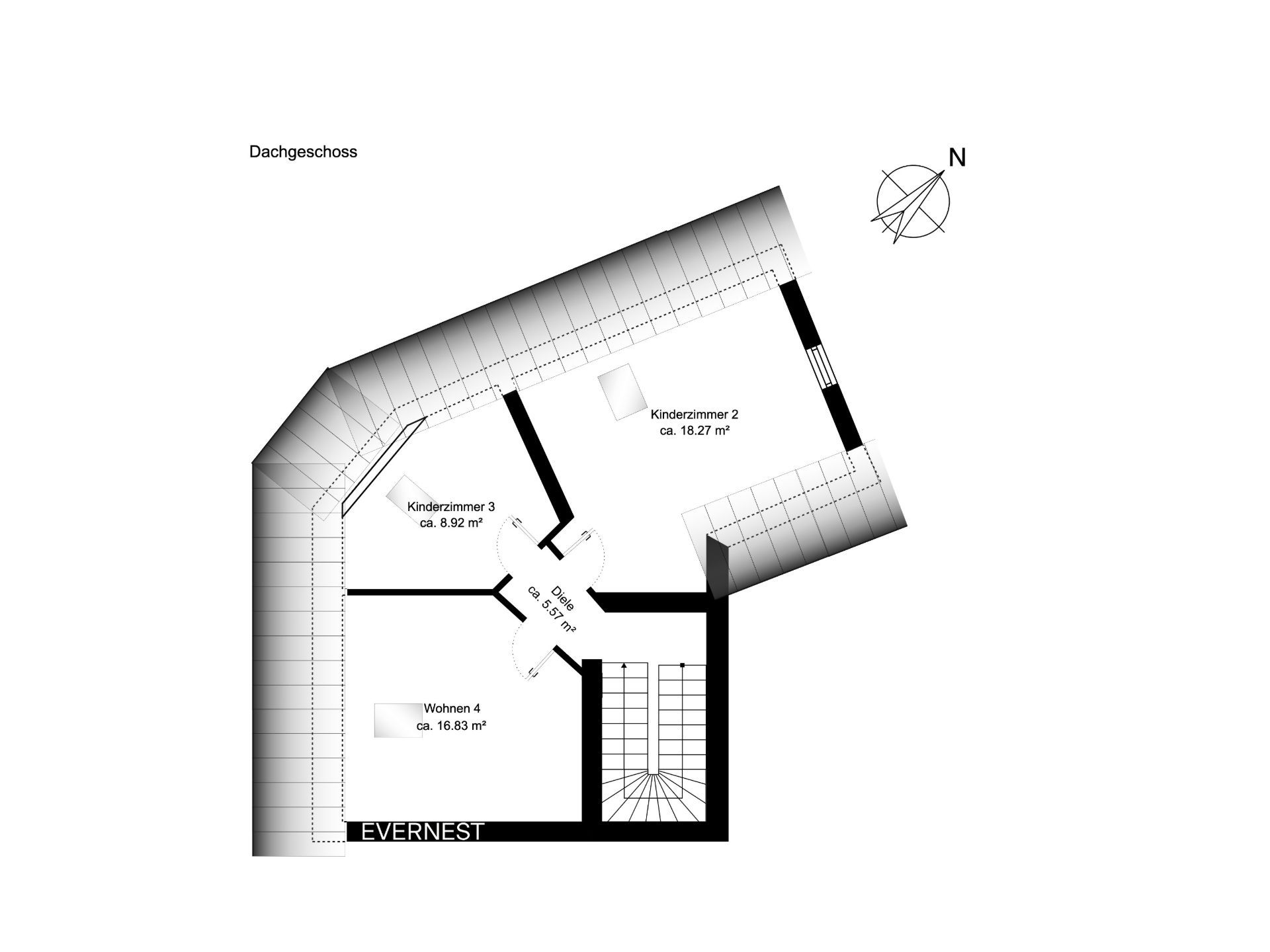 Grundriss eines Dachgeschosses mit zwei Kinderzimmern und einem Wohnraum.