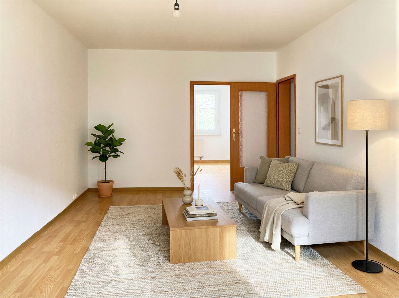 Helles Wohnzimmer mit Sofa, Couchtisch, Pflanze, Stehlampe und Teppich auf Holzboden.