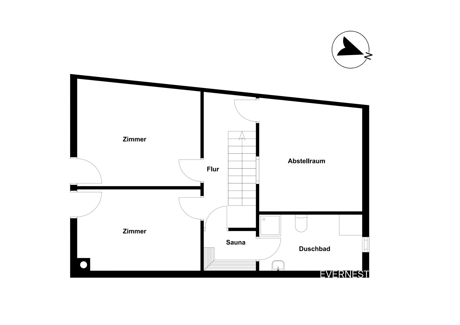 Grundriss mit zwei Zimmern, Abstellraum, Flur, Sauna und Duschbad.