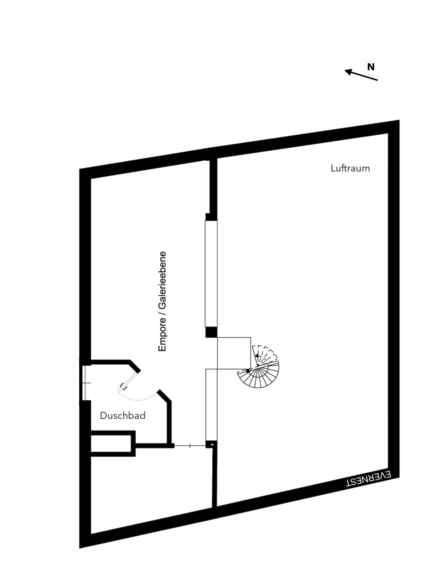 Grundriss mit Galerieebene, Duschbad, Luftraum und Wendeltreppe.