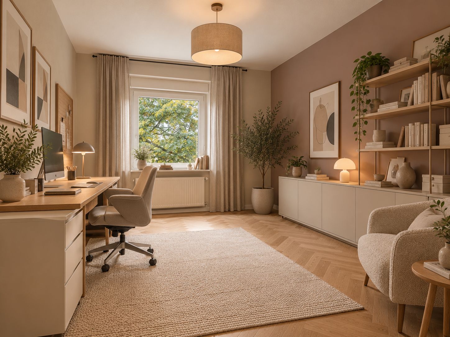 Helles Arbeitszimmer mit Schreibtisch, Regal, Sessel und großem Fenster mit Blick ins Grüne.