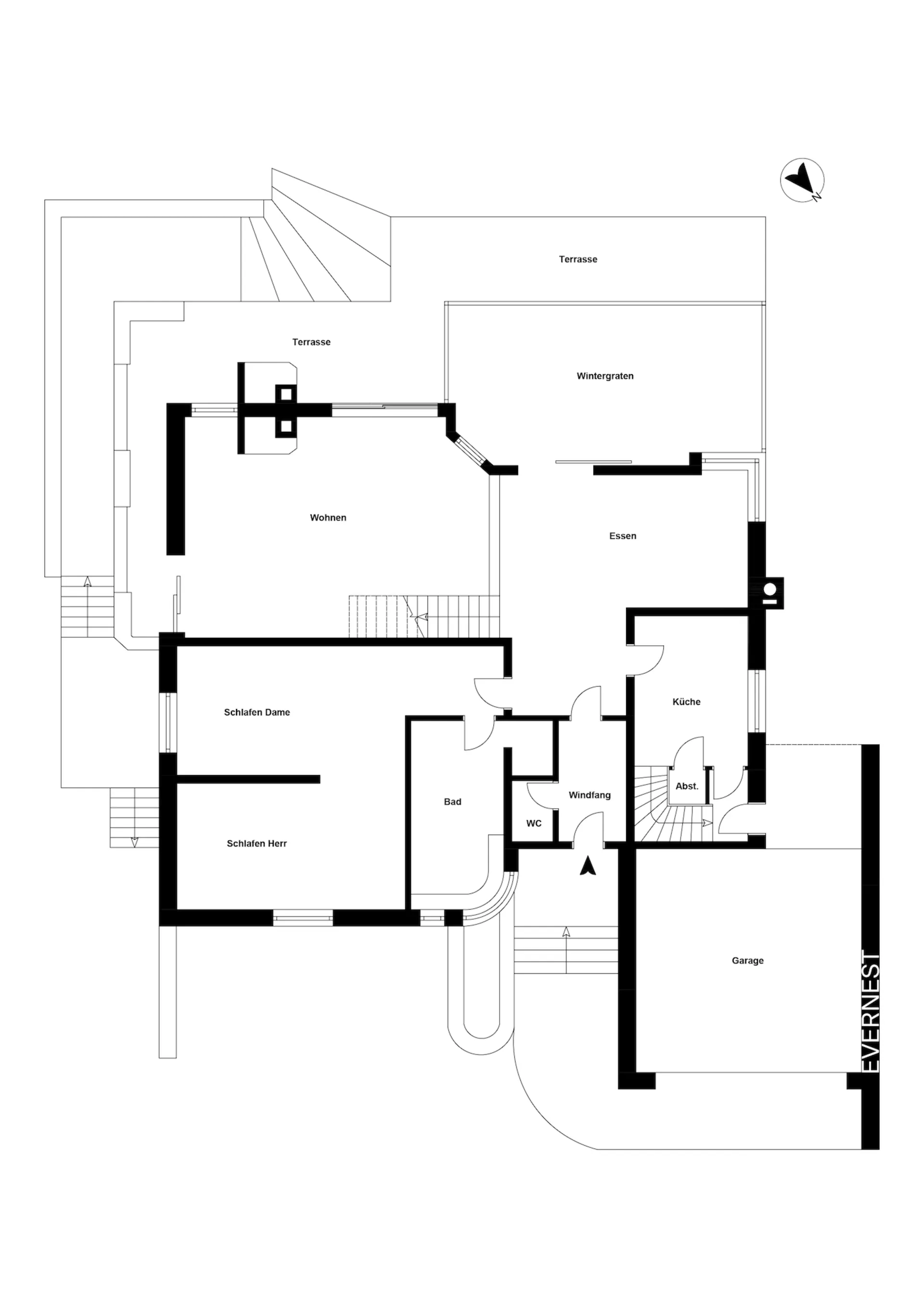 Grundriss eines Wohnhauses mit Wohnzimmer, Schlafzimmern, Küche, Bad, Garage und Terrasse.