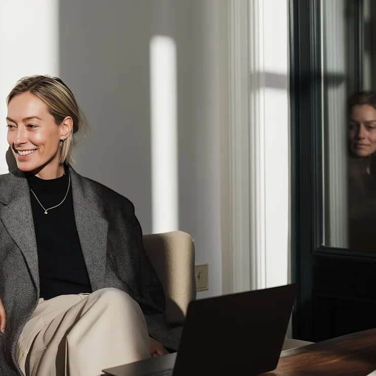 Frau sitzt lächelnd auf einem Sofa neben einem Tisch mit Laptop, Sonnenlicht fällt ins Zimmer.