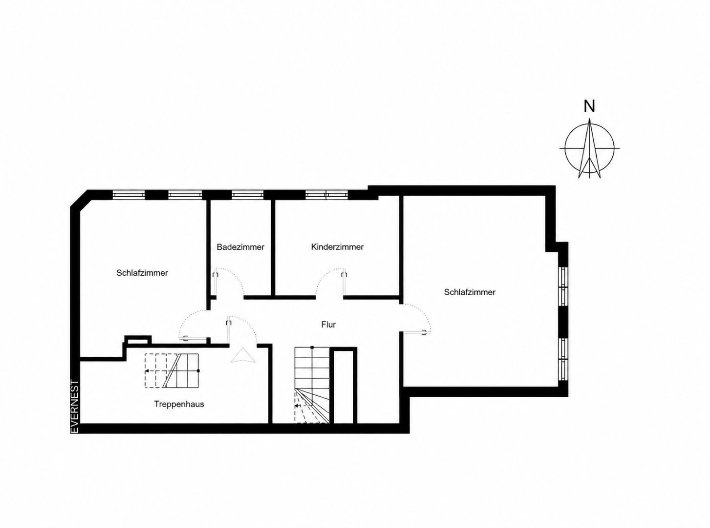 Grundriss mit zwei Schlafzimmern, Kinderzimmer, Badezimmer, Flur und Treppenhaus.