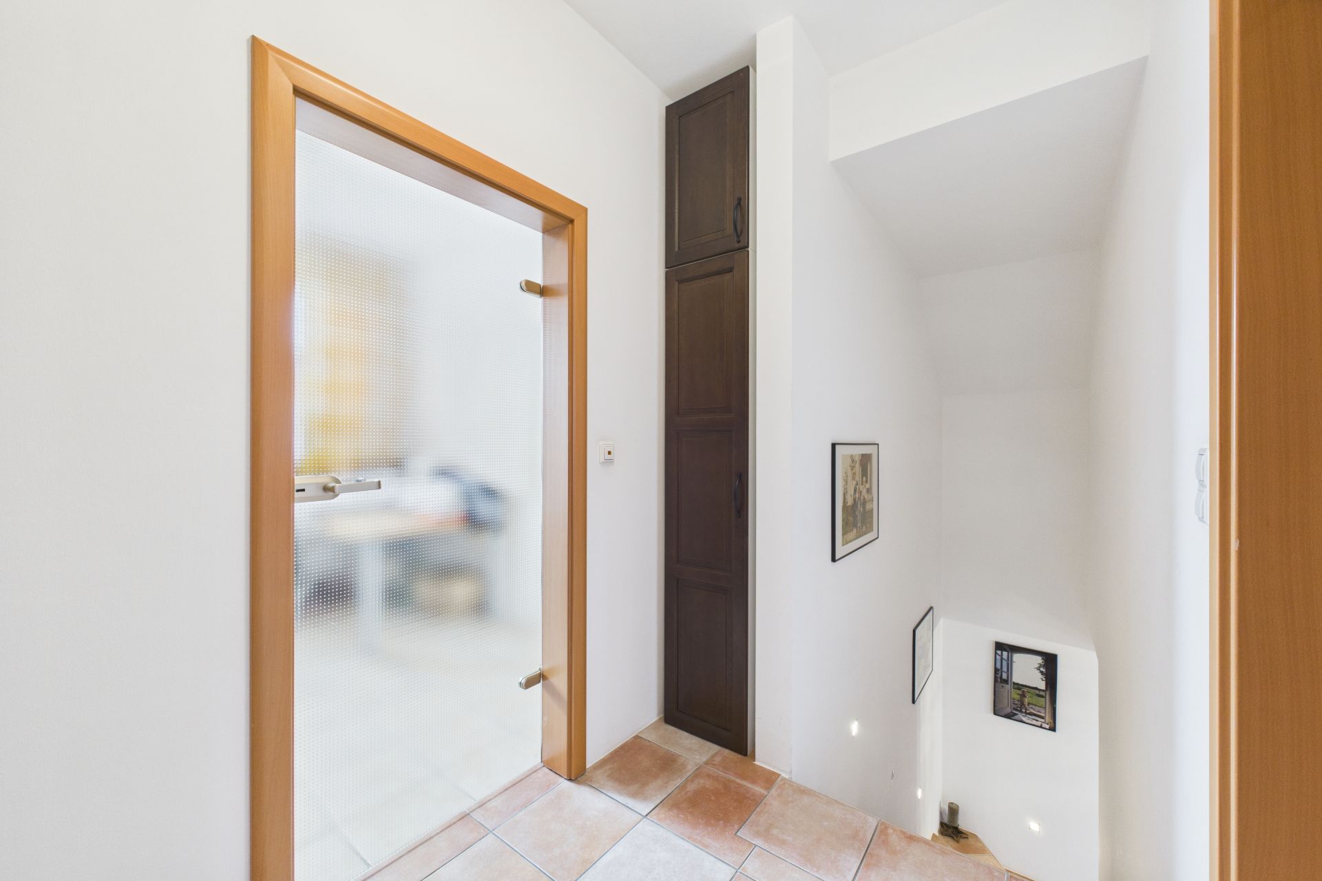Heller Flur mit Glastür, dunklem Einbauschrank und Treppe nach unten.