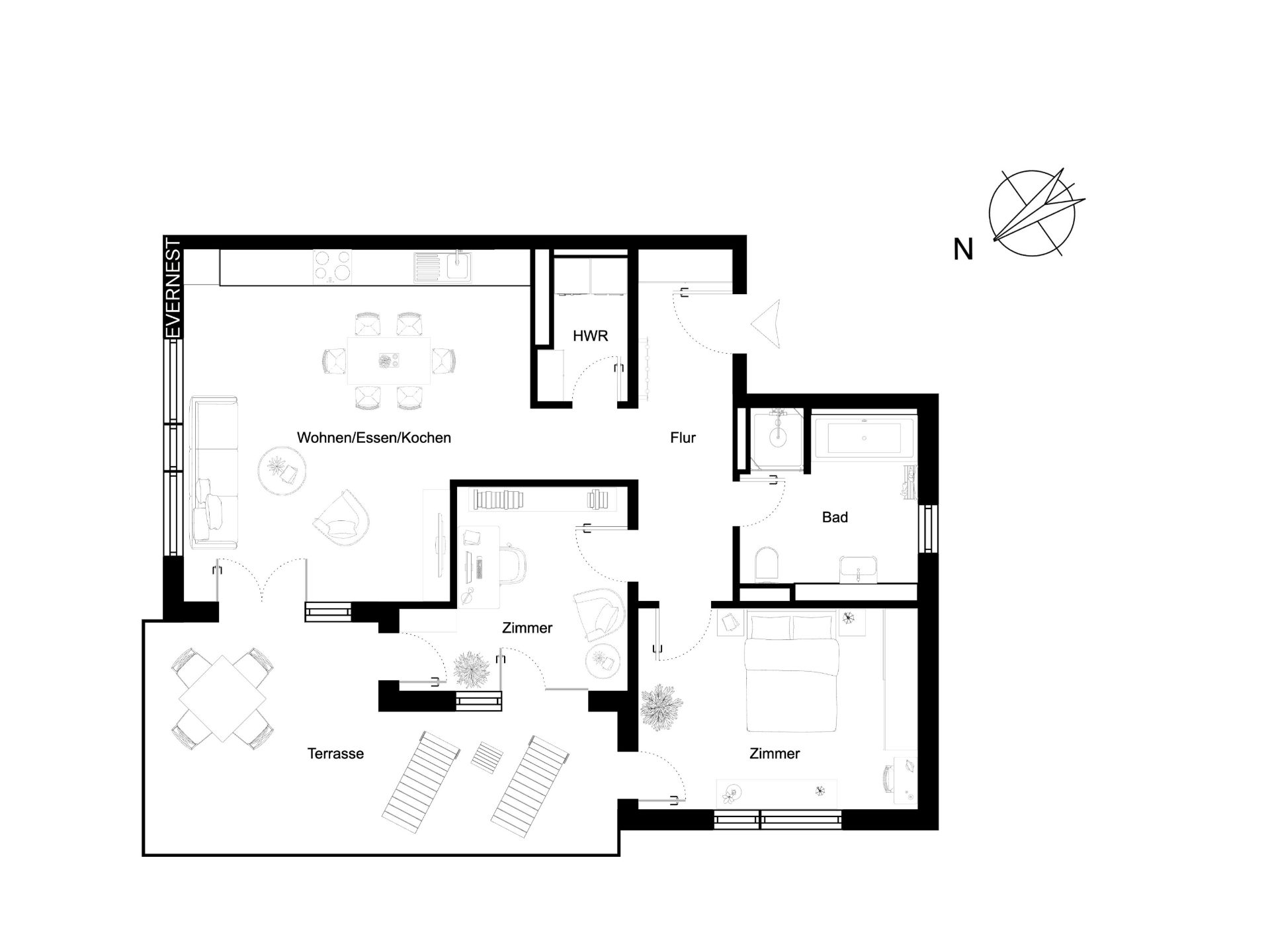 Grundriss einer Wohnung mit zwei Zimmern, Bad, Wohnbereich und Terrasse.