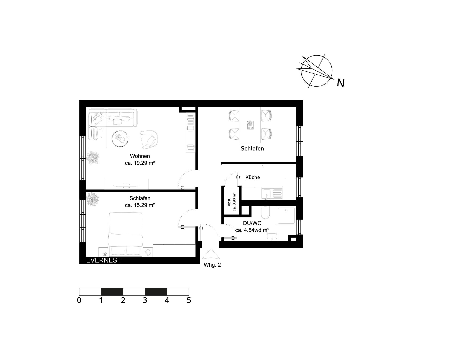 Grundriss einer Wohnung mit Wohnzimmer, zwei Schlafzimmern, Küche und Bad.