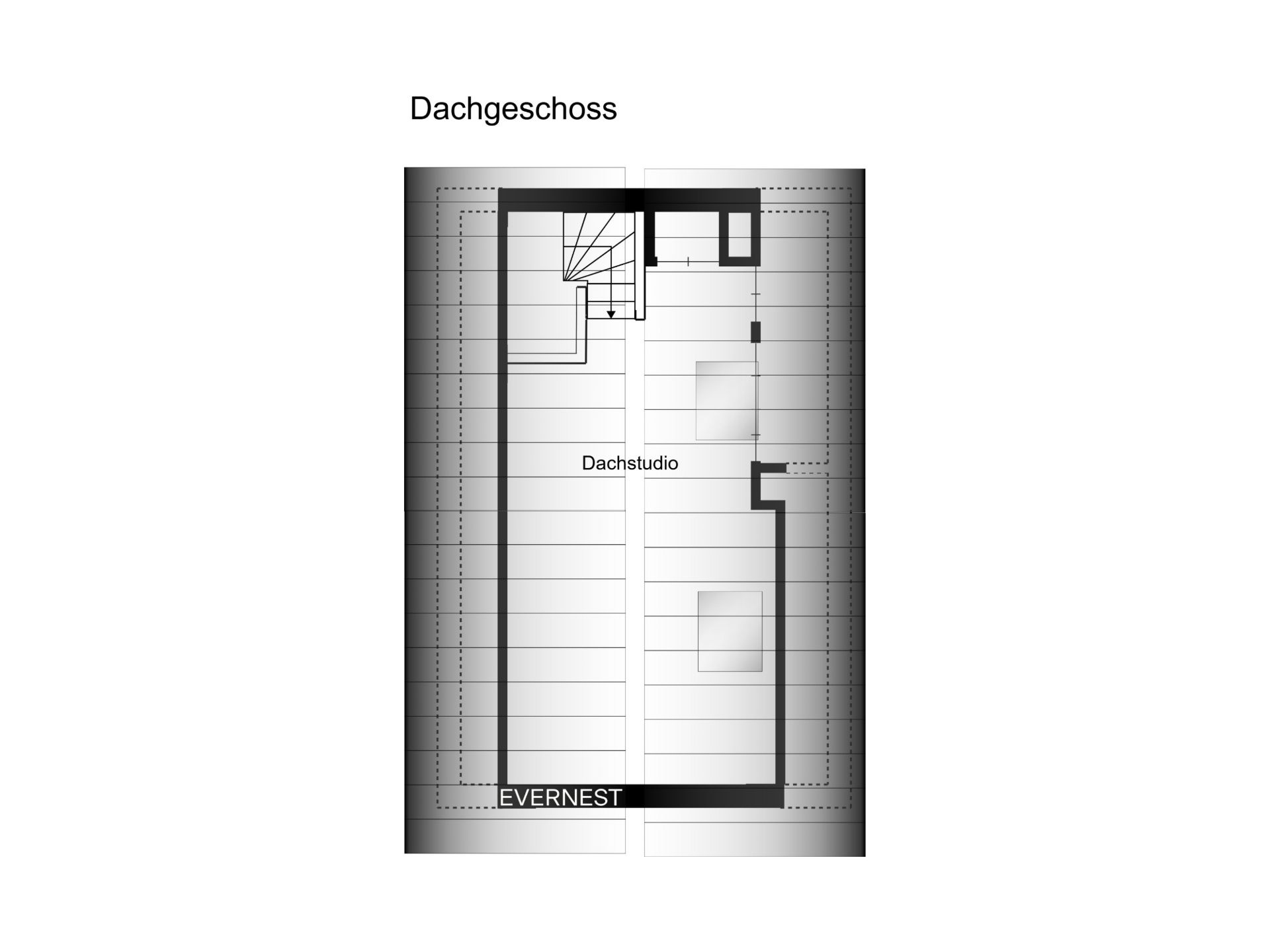 Grundriss eines Dachgeschosses mit Dachstudio und Treppe.