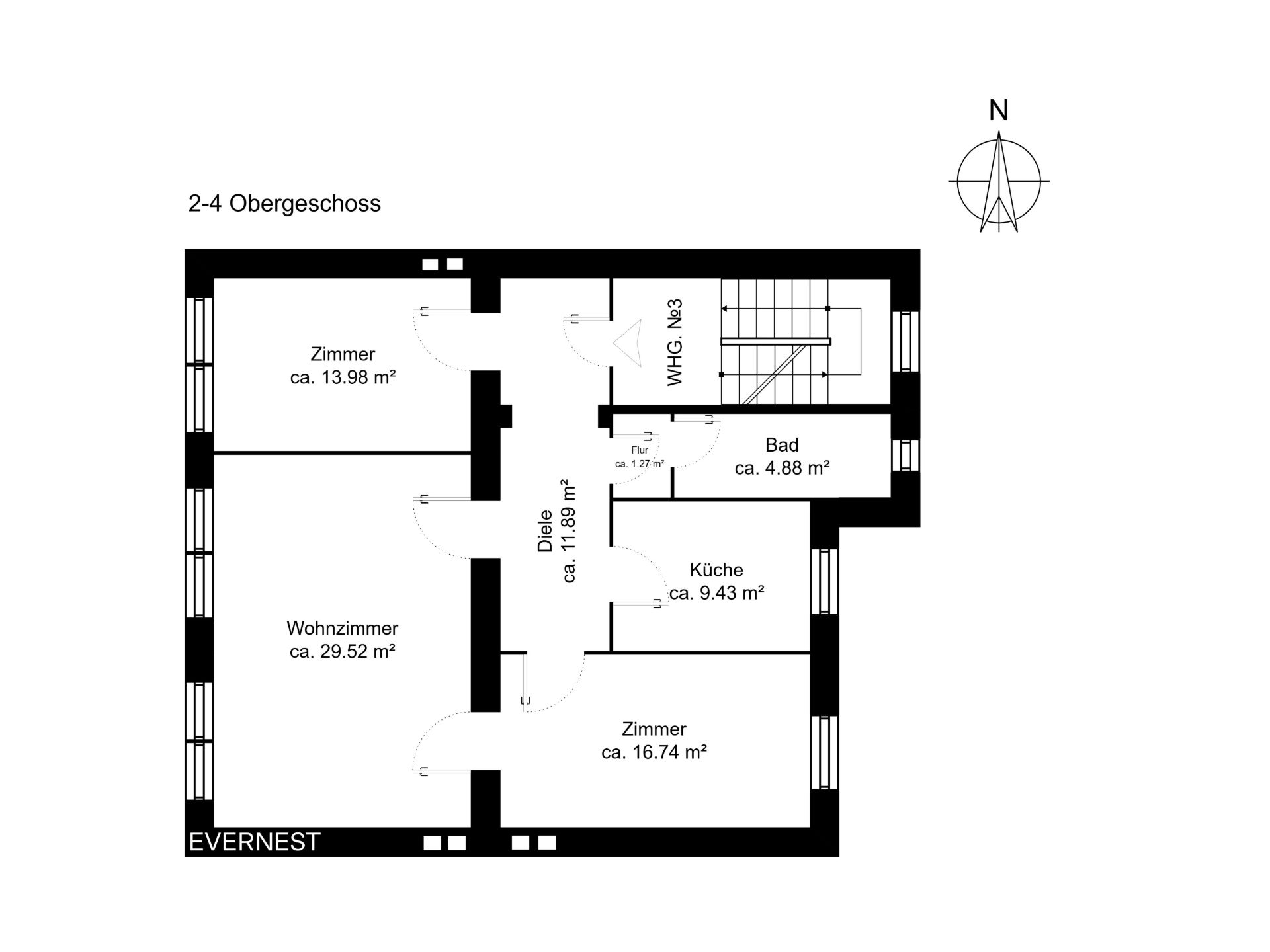 Grundriss einer Wohnung mit Wohnzimmer, zwei Zimmern, Küche, Bad und Diele.