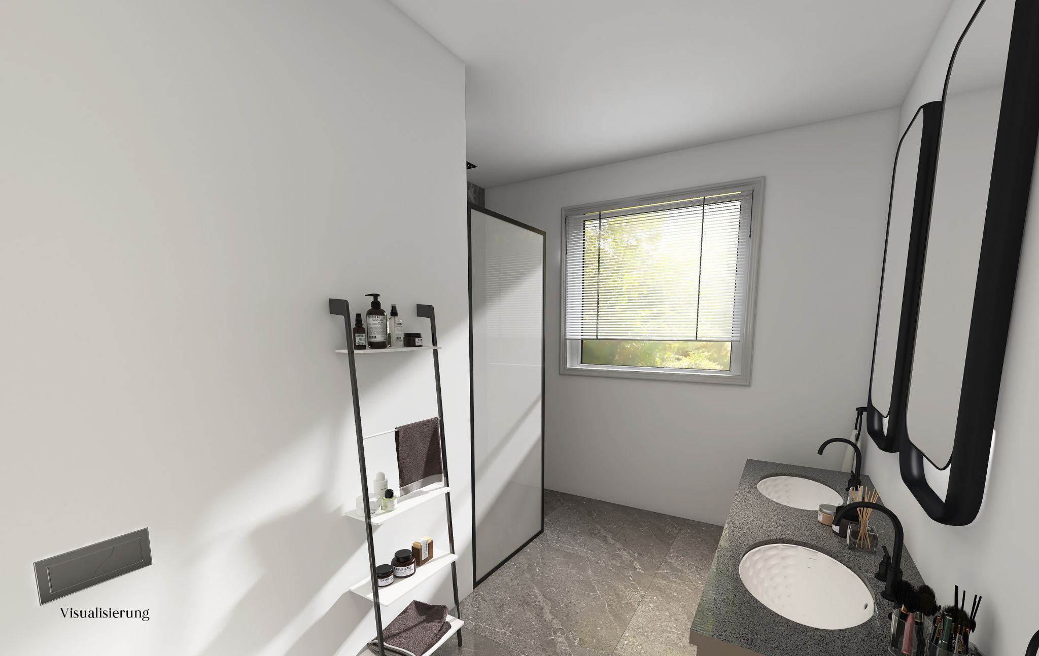 Modernes Bad mit zwei Waschbecken, Wandspiegeln, Regal und Fenster mit Jalousien.
