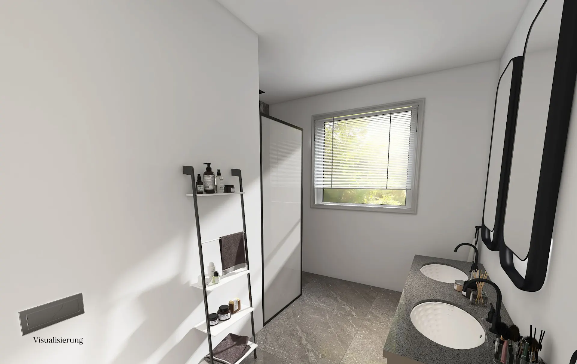 Modernes Bad mit zwei Waschbecken, Wandspiegeln, Regal und Fenster mit Jalousien.