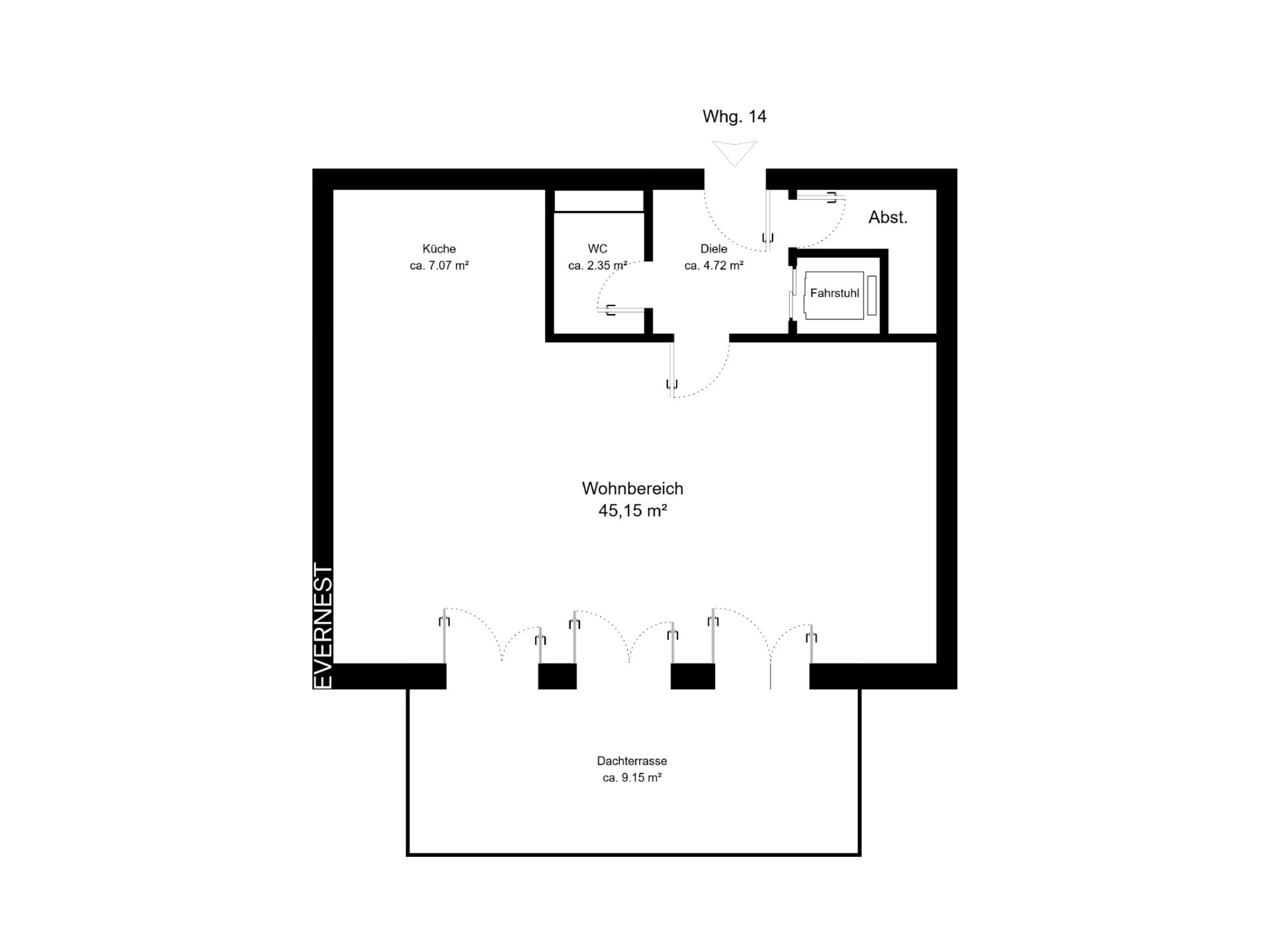 Grundriss einer Wohnung mit Wohnbereich, Küche, WC und Dachterrasse.