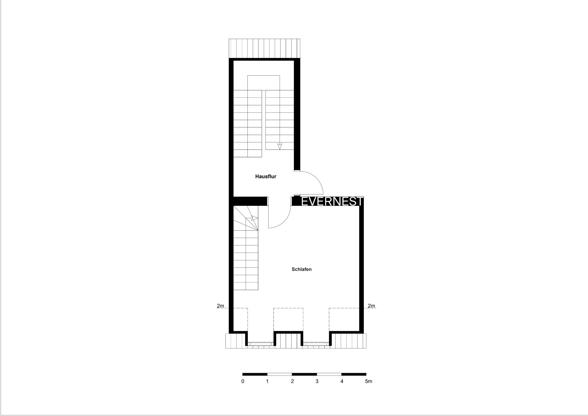 Grundriss mit Hausflur und Schlafzimmer, Treppenaufgänge sichtbar.