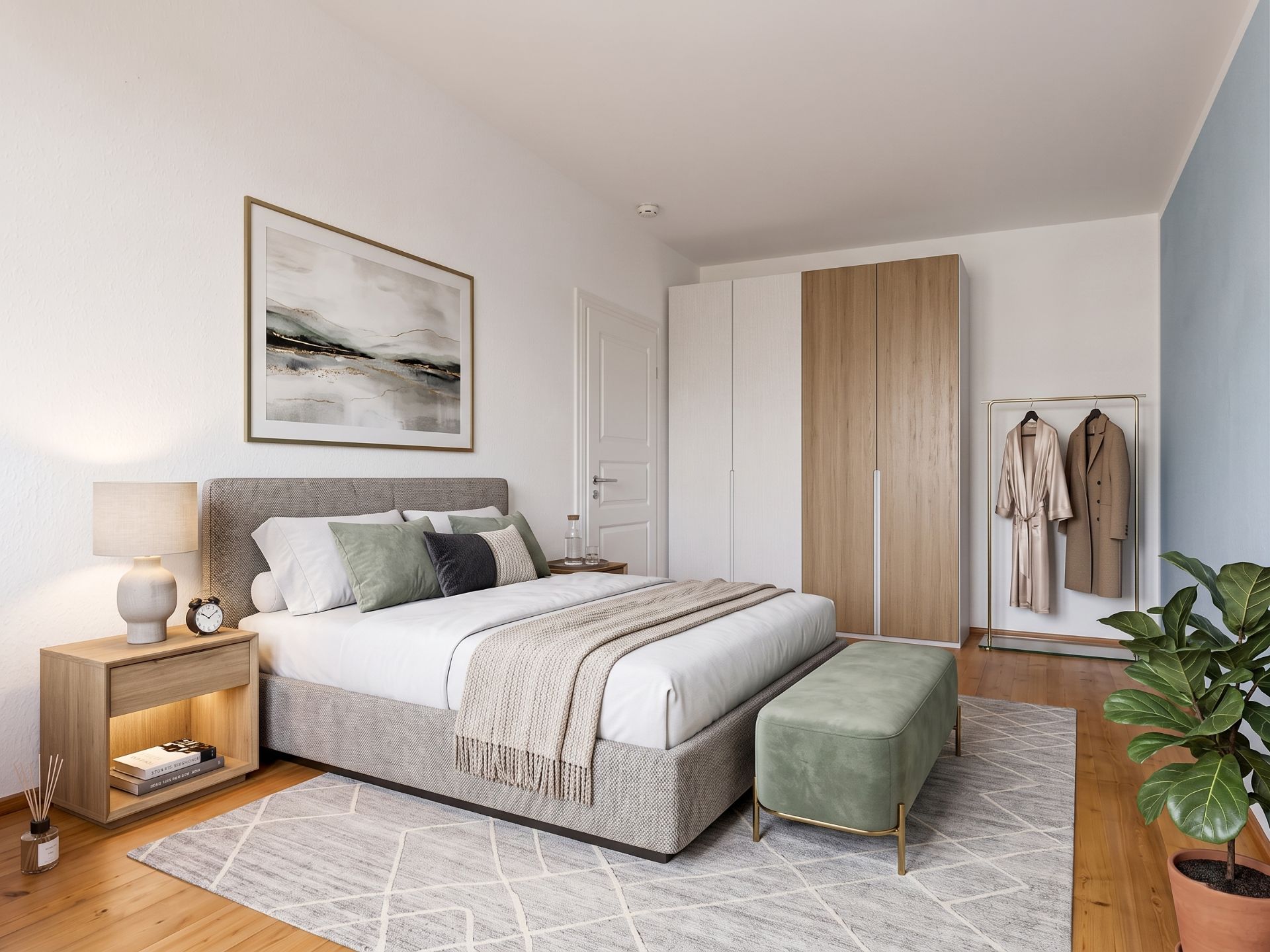 Modernes Schlafzimmer mit Doppelbett, Nachttisch, Kleiderschrank und Pflanze auf Holzboden.