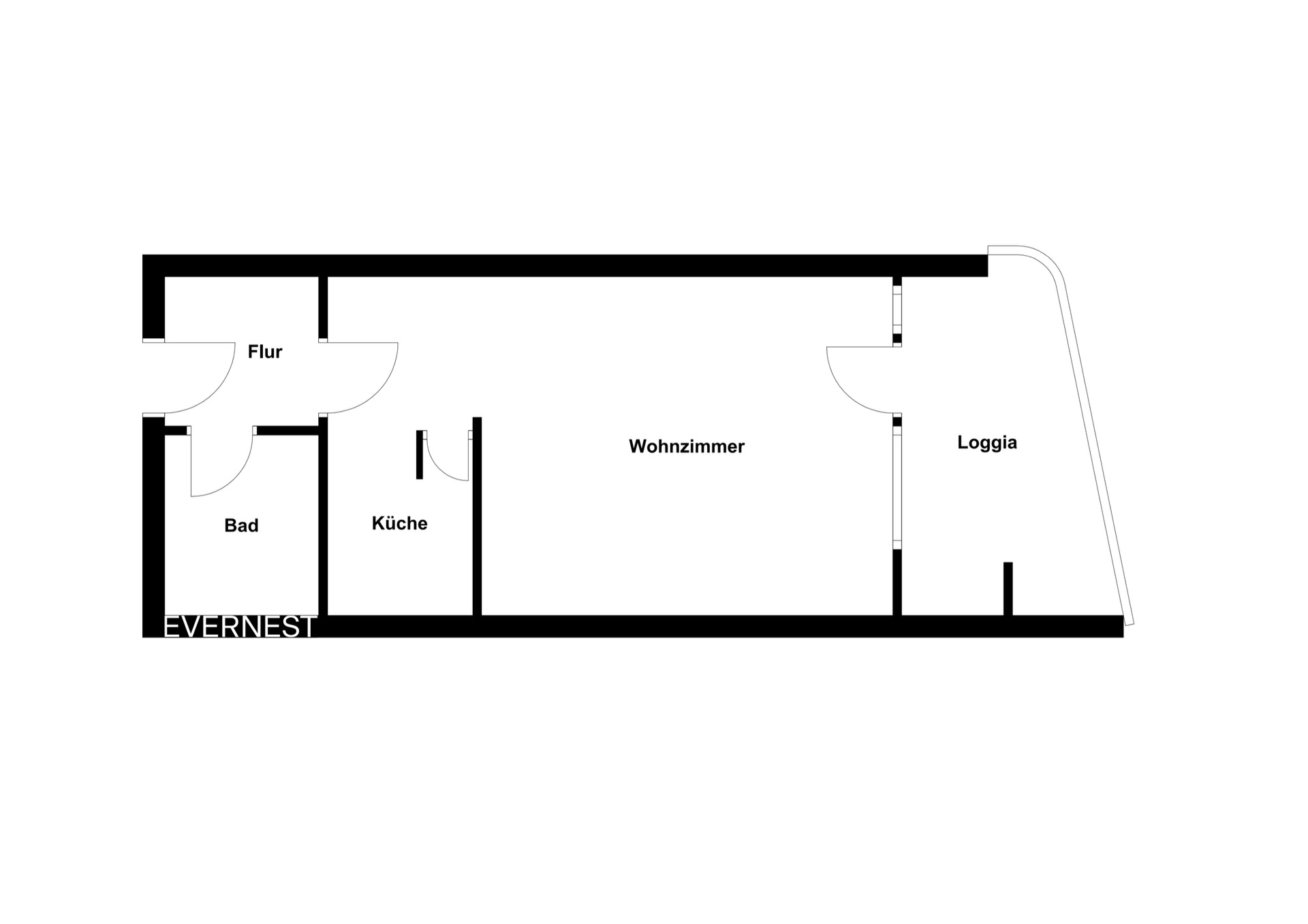 Grundriss mit Flur, Bad, Küche, Wohnzimmer und Loggia.