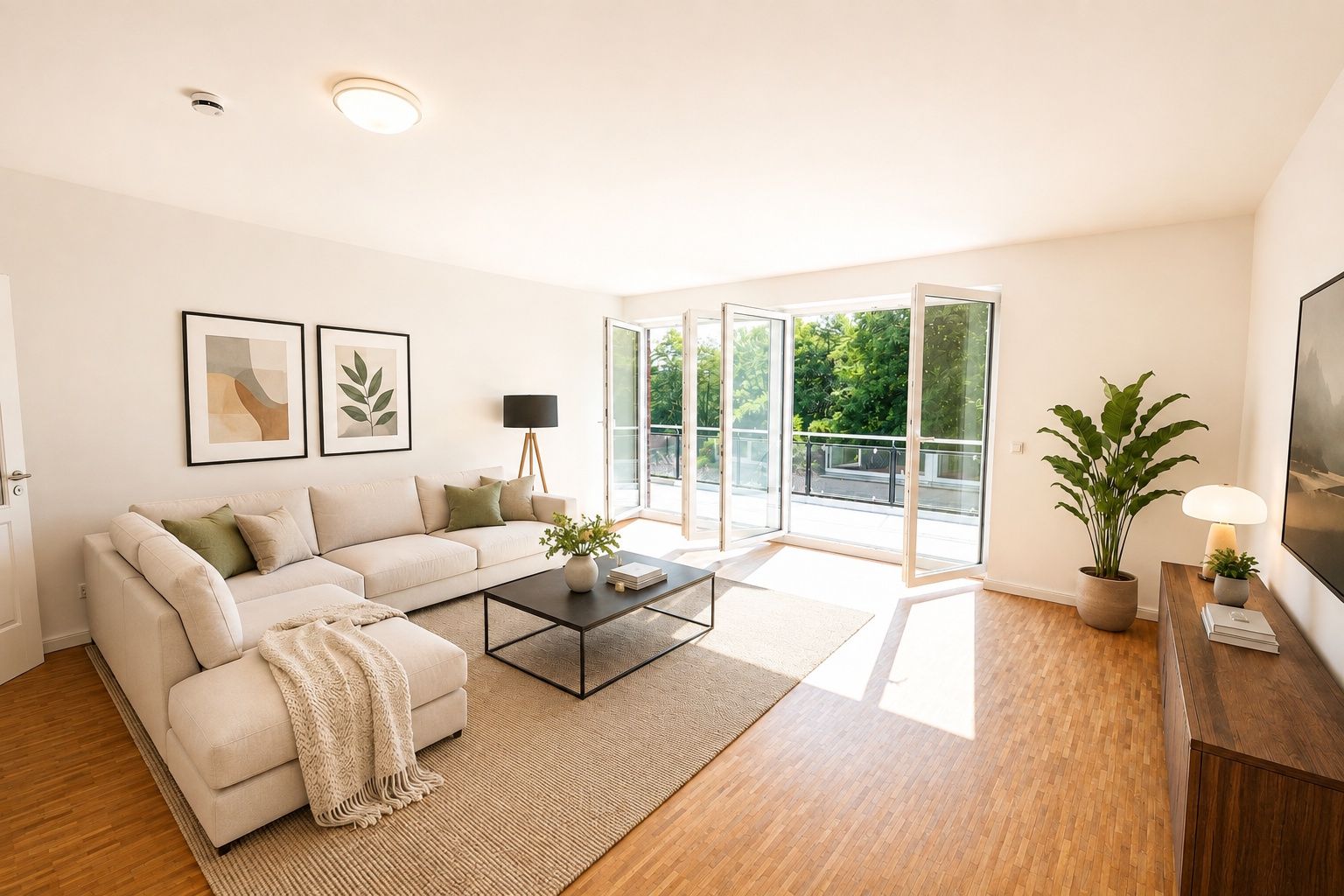 Helles Wohnzimmer mit Ecksofa, Couchtisch, Pflanzen und großen Fenstern zum Balkon.
