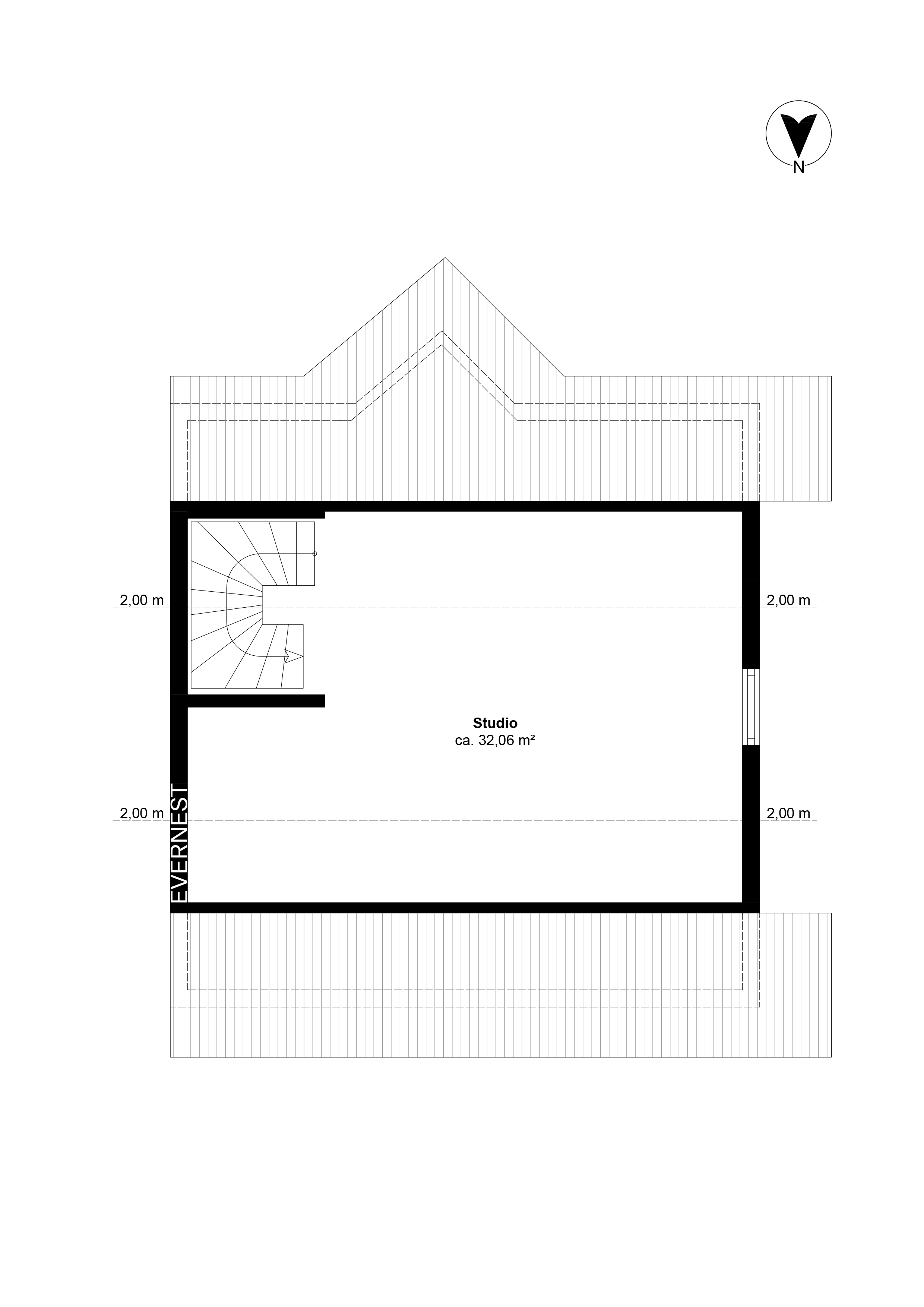 Grundriss eines Studios mit Treppe und 32,06 Quadratmeter Fläche.