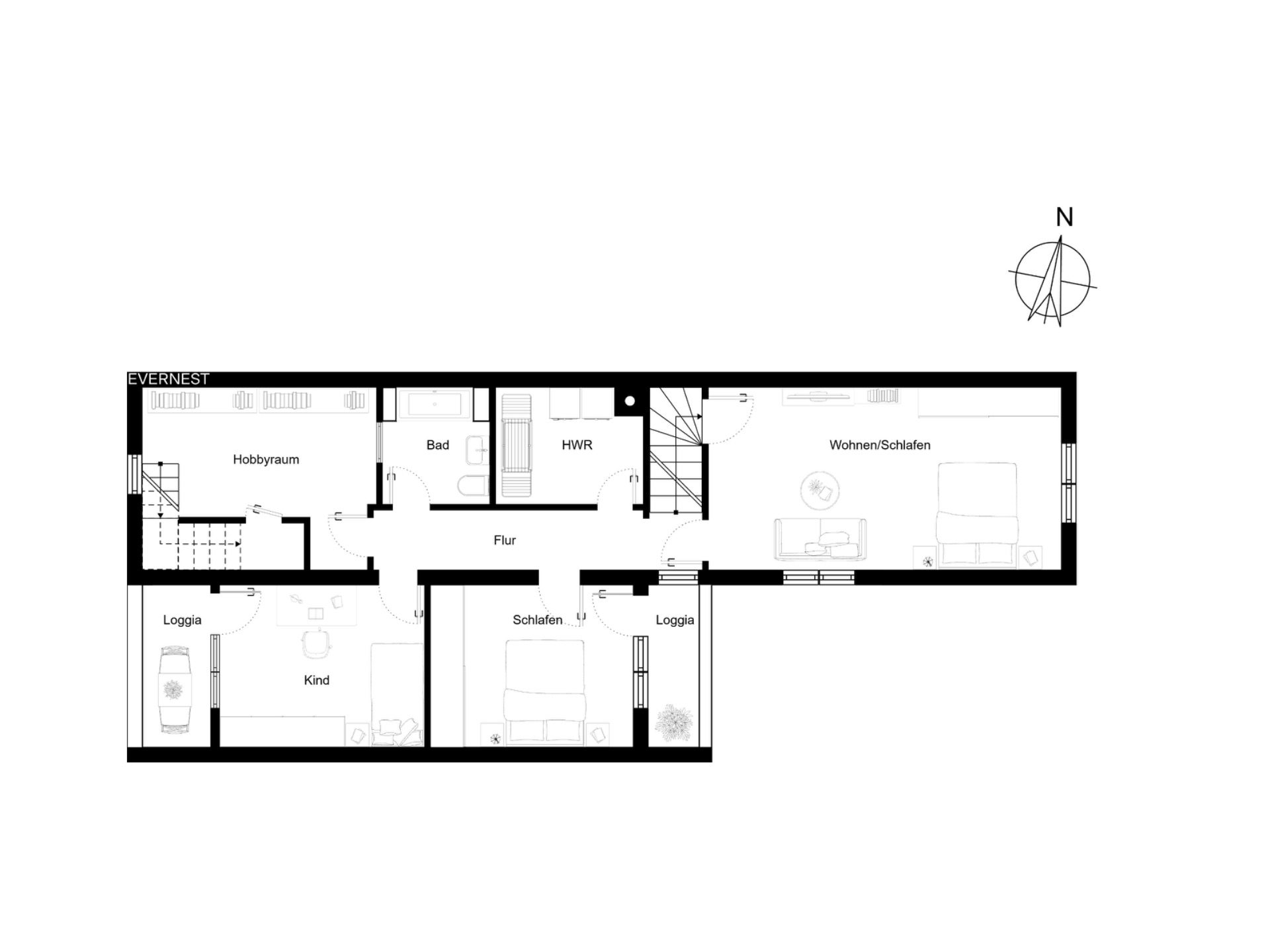 Grundriss mit Hobbyraum, Bad, HWR, Flur, Wohnzimmer/Schlafraum, Kinderzimmer, Schlafzimmer und zwei Loggien.