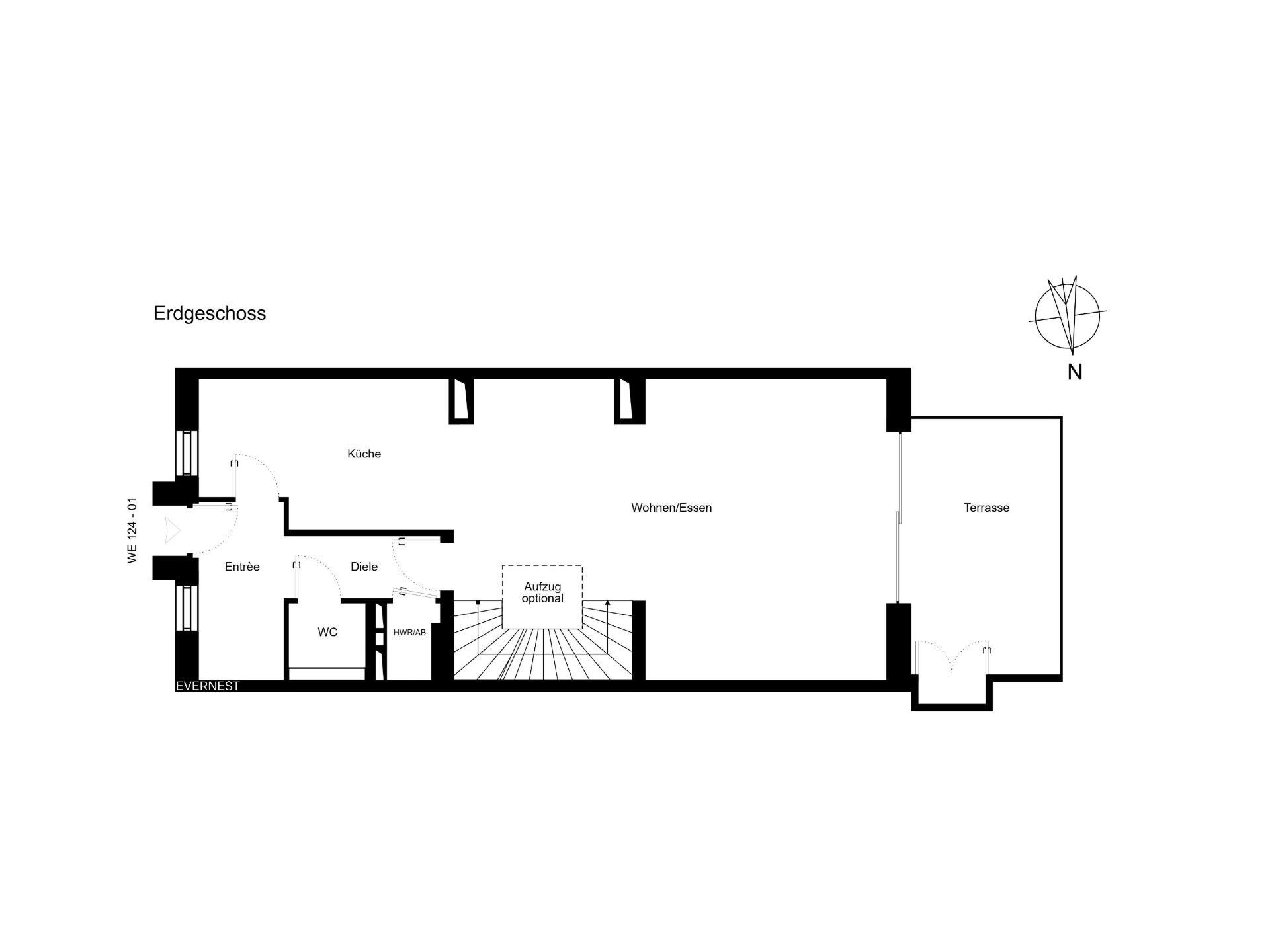 Grundriss des Erdgeschosses mit Küche, Wohn-Essbereich, WC, Diele und Terrasse.
