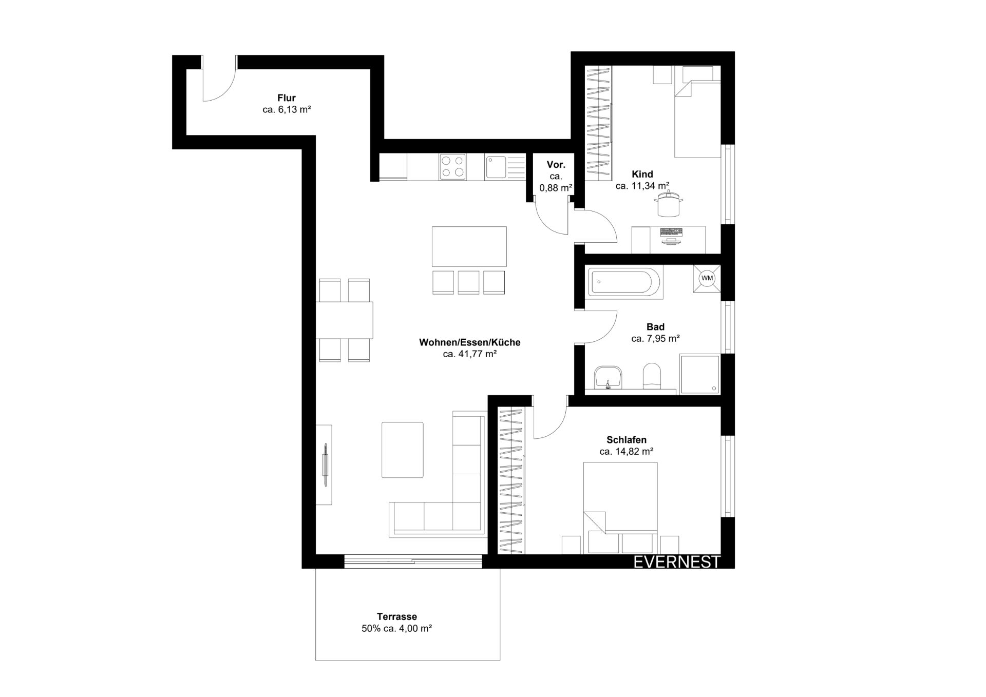 Grundriss einer Wohnung mit Wohnzimmer, Küche, zwei Schlafzimmern, Bad, Flur und Terrasse.