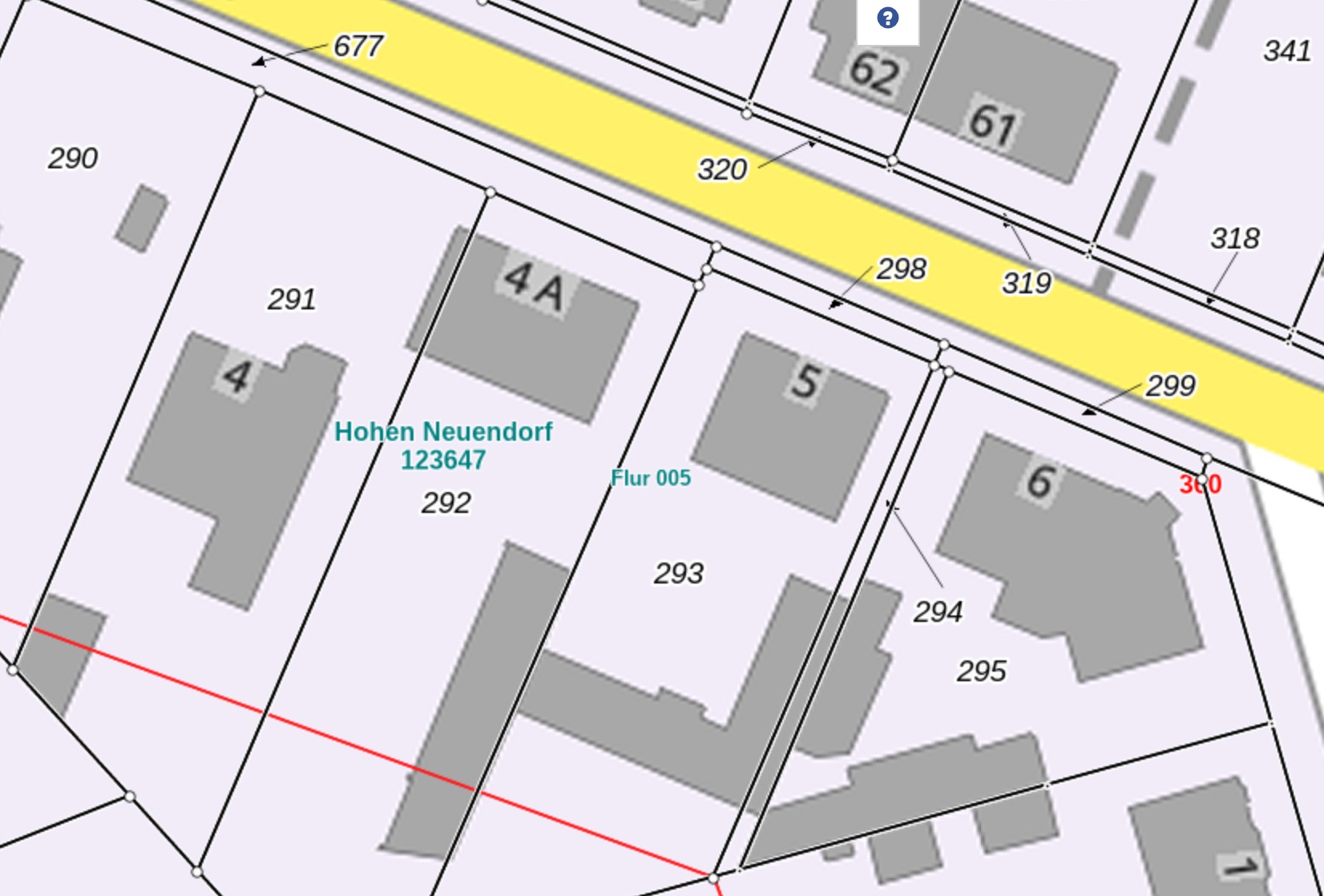 Ausschnitt eines Katasterplans mit Grundstücksnummern und Gebäuden, Straßen in Gelb markiert.