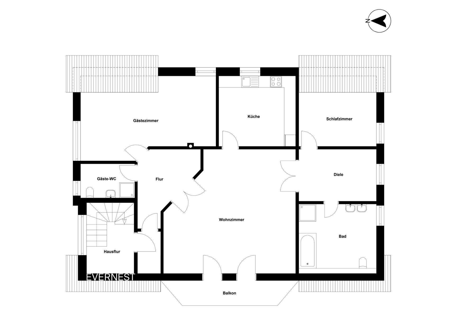 Grundriss einer Wohnung mit Wohnzimmer, Schlafzimmer, Gästezimmer, Küche, Bad, Gäste-WC und Balkon.