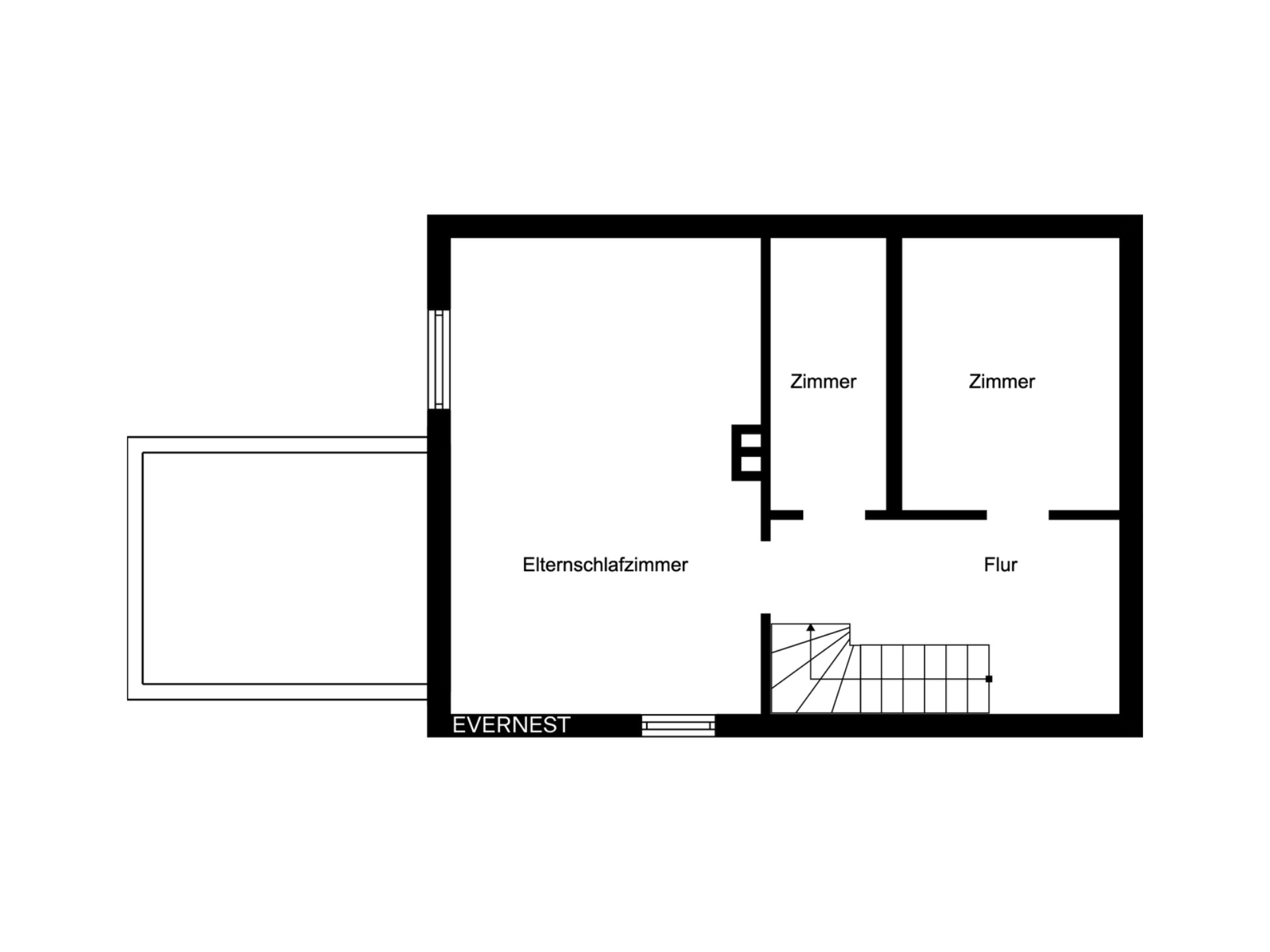 Grundriss mit Elternschlafzimmer, zwei Zimmern, Flur und Treppe.