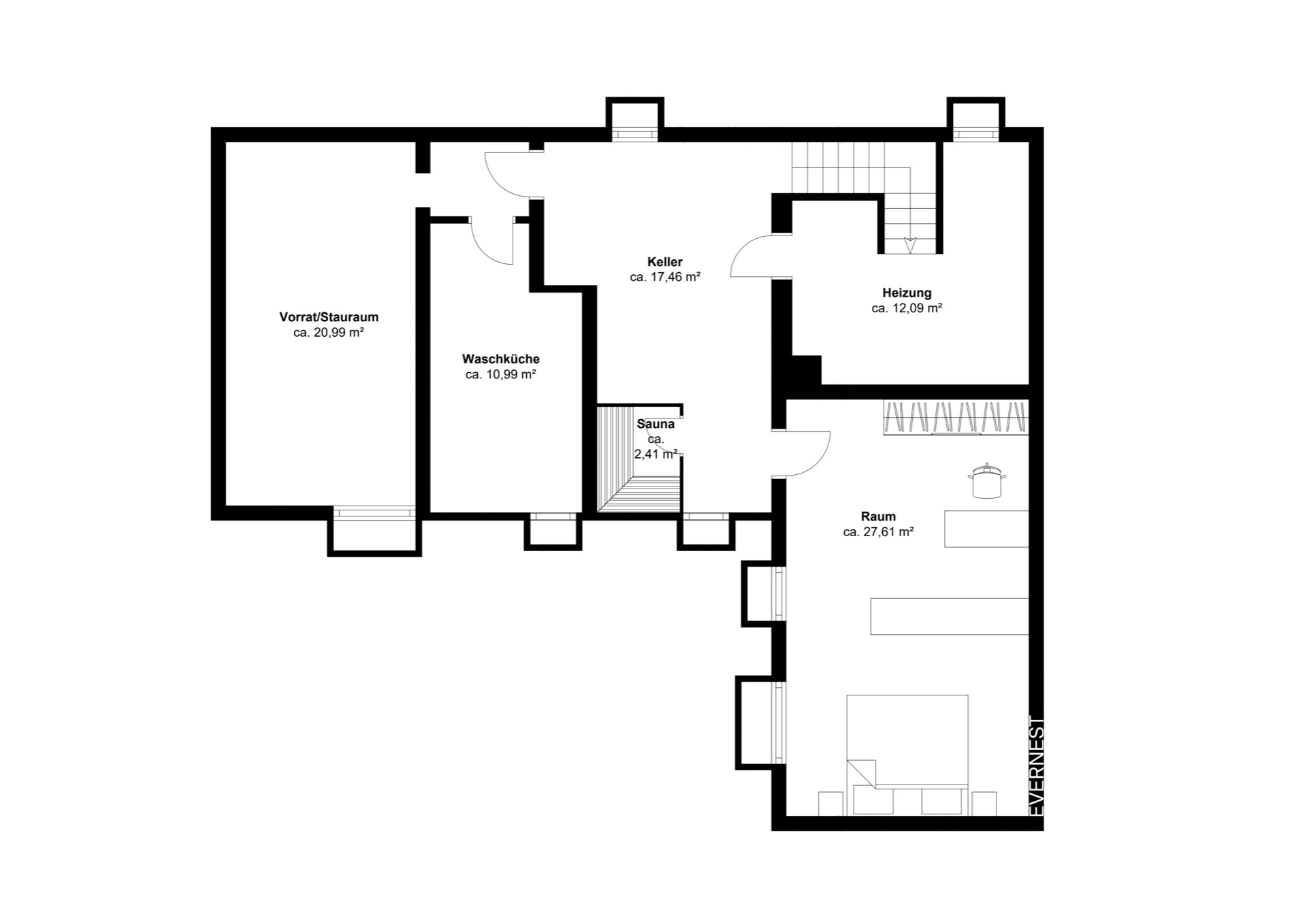 Grundriss eines Kellers mit Vorratsraum, Waschküche, Keller, Sauna, Heizung und weiterem Raum.