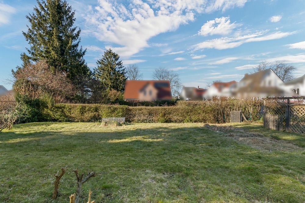 Grüner Garten mit Rasen, Hecken und einzelnen Bäumen, bei Tageslicht aufgenommen.