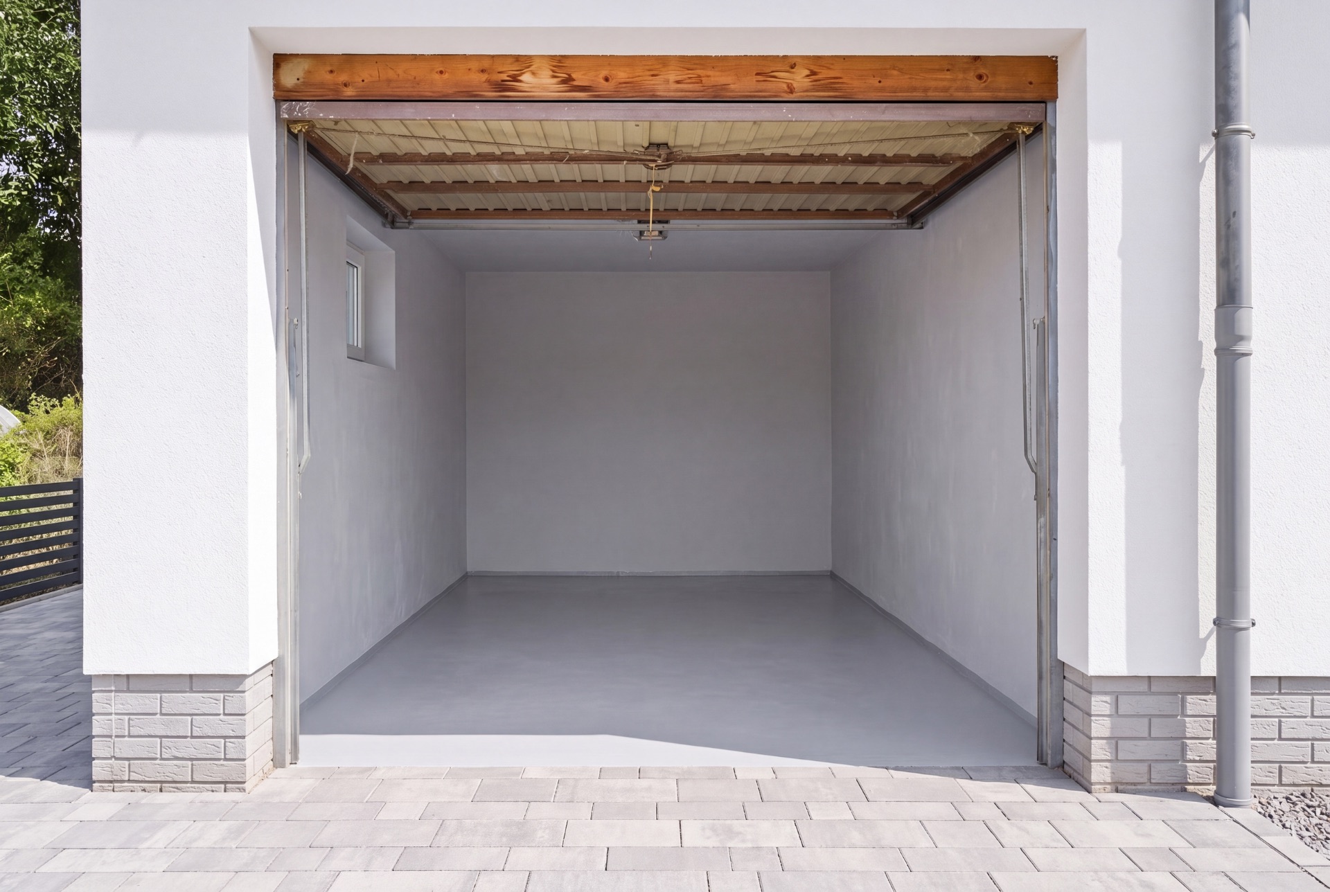 Leere Garage mit offenem Tor, weiß gestrichenen Wänden und Fenstern auf der linken Seite.