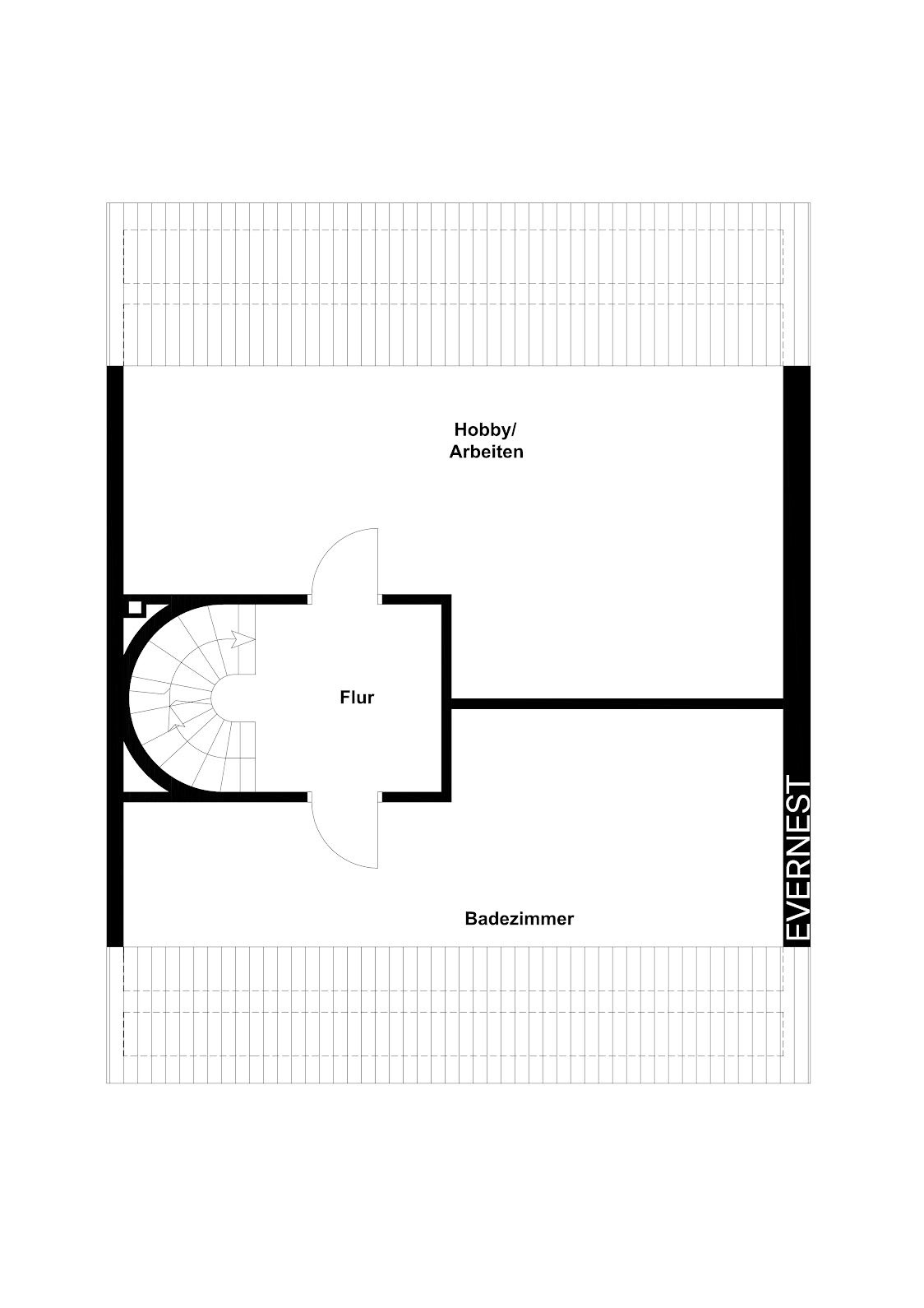 Grundriss mit Flur, Hobby/Arbeiten-Raum und Badezimmer.