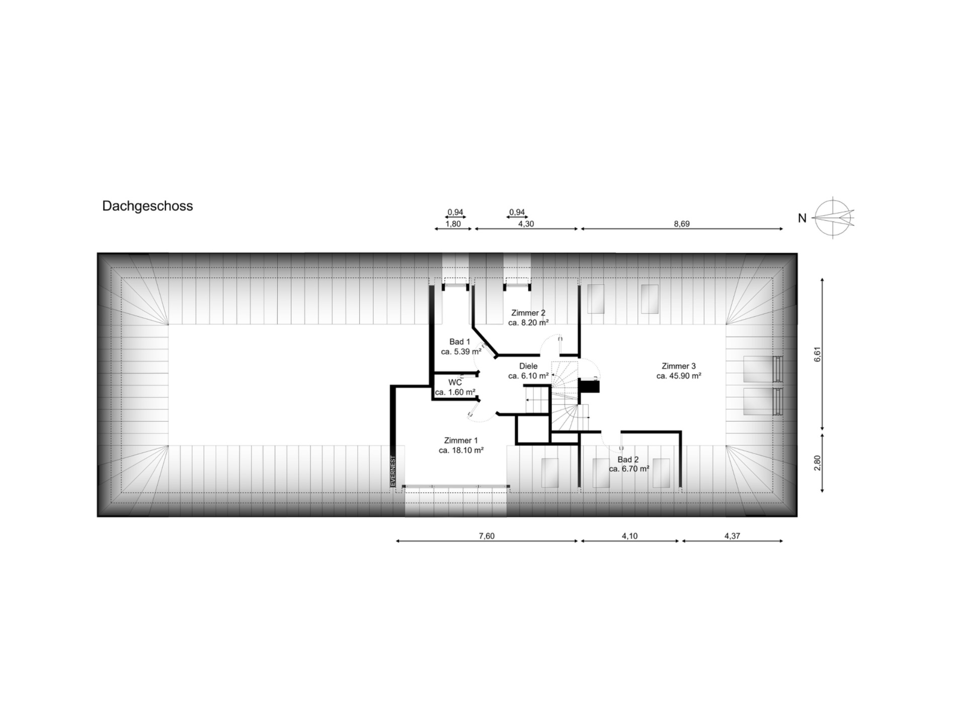Grundriss eines Dachgeschosses mit drei Zimmern, zwei Bädern, WC und Flur.