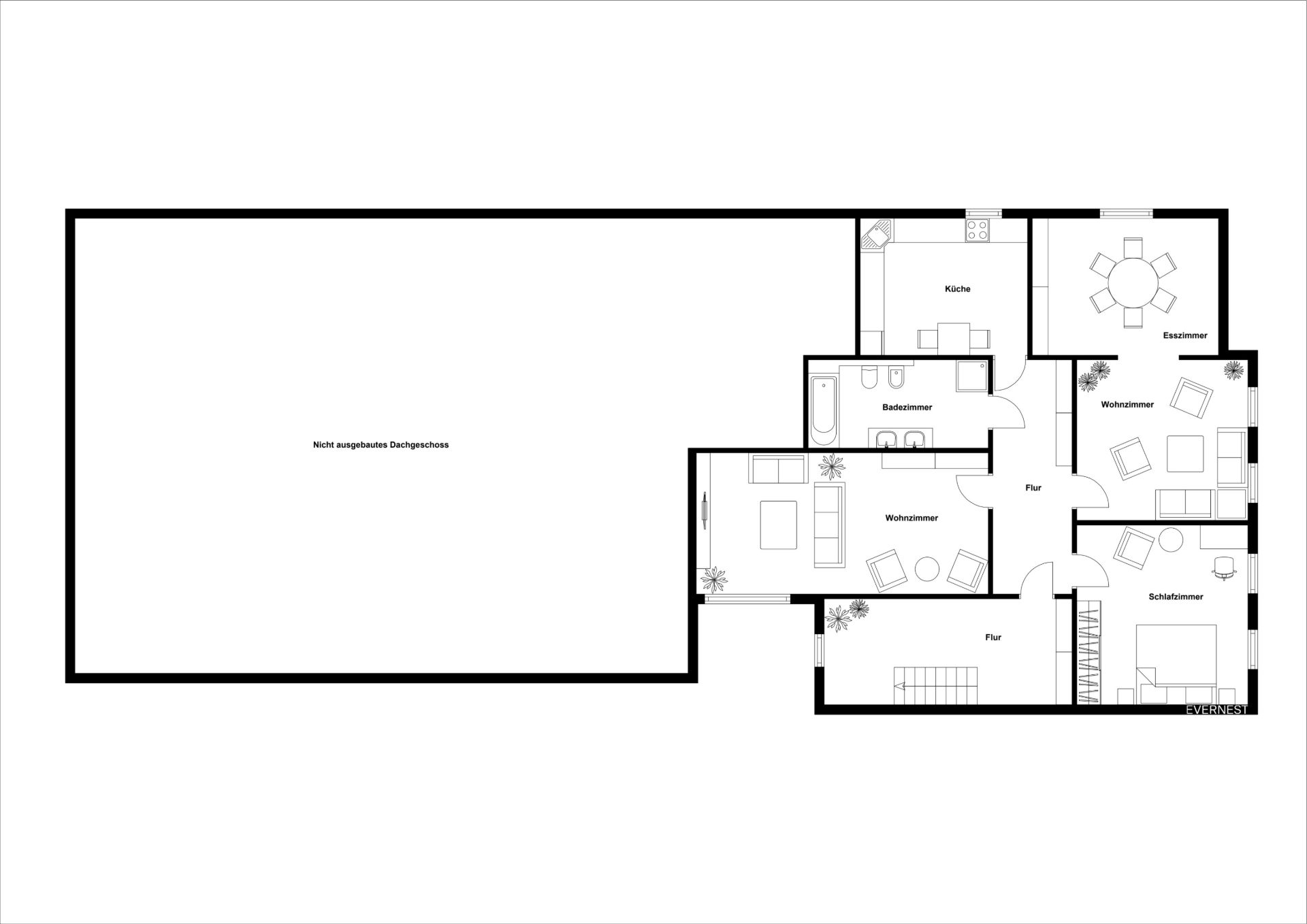 Grundriss mit Küche, Esszimmer, Wohnzimmer, Schlafzimmer, Bad und Fluren.