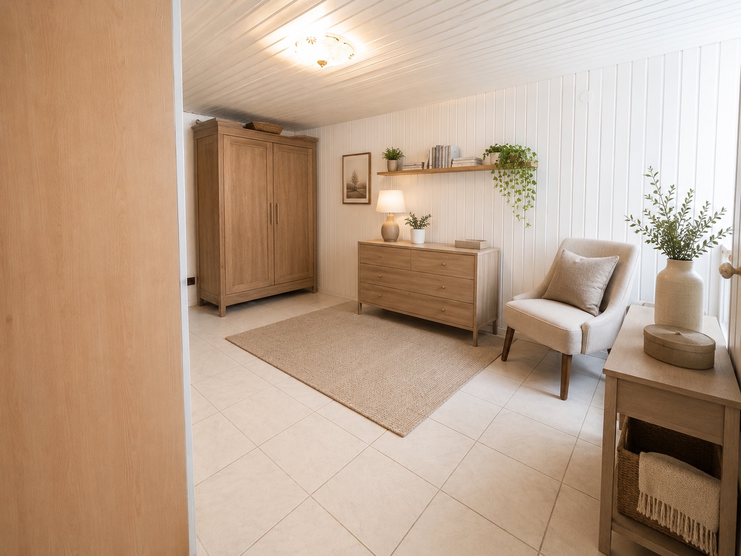 Helles Zimmer mit Holzschrank, Kommode, Sessel, Teppich und Pflanzen auf weißem Boden.