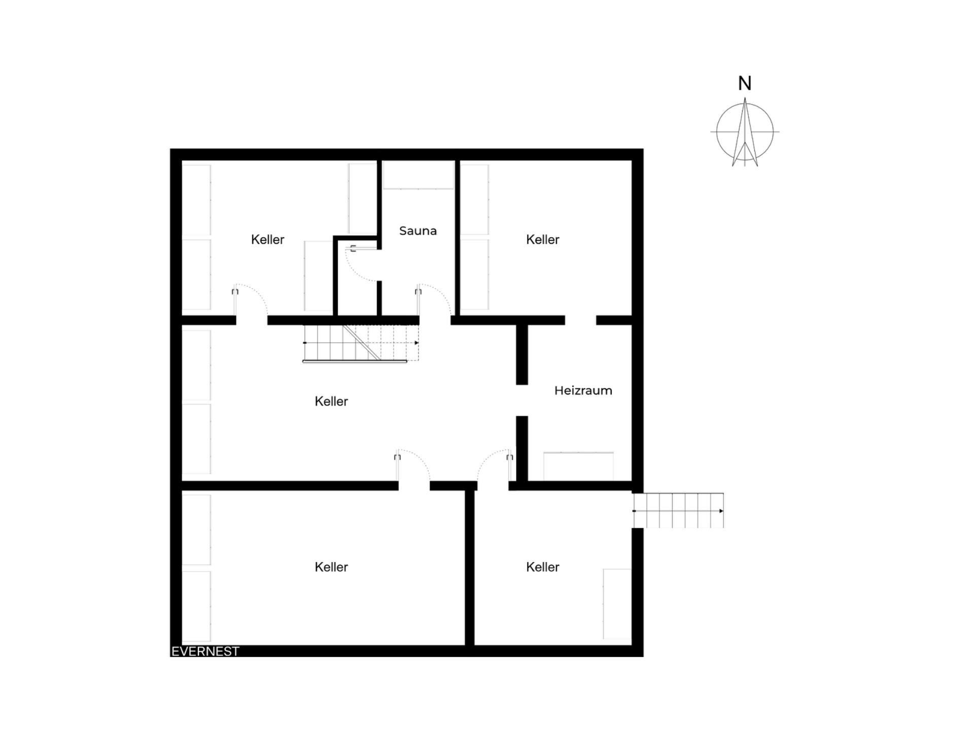 Grundriss eines Kellers mit mehreren Kellerräumen, Heizraums und einer Sauna.