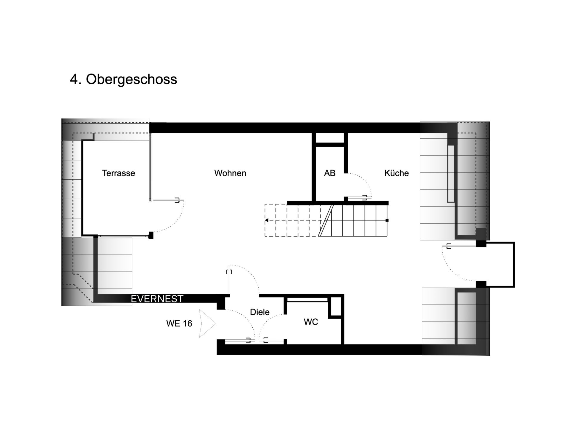 Grundriss einer Wohnung mit Terrasse, Wohnbereich, Küche, Abstellraum, Diele und WC.