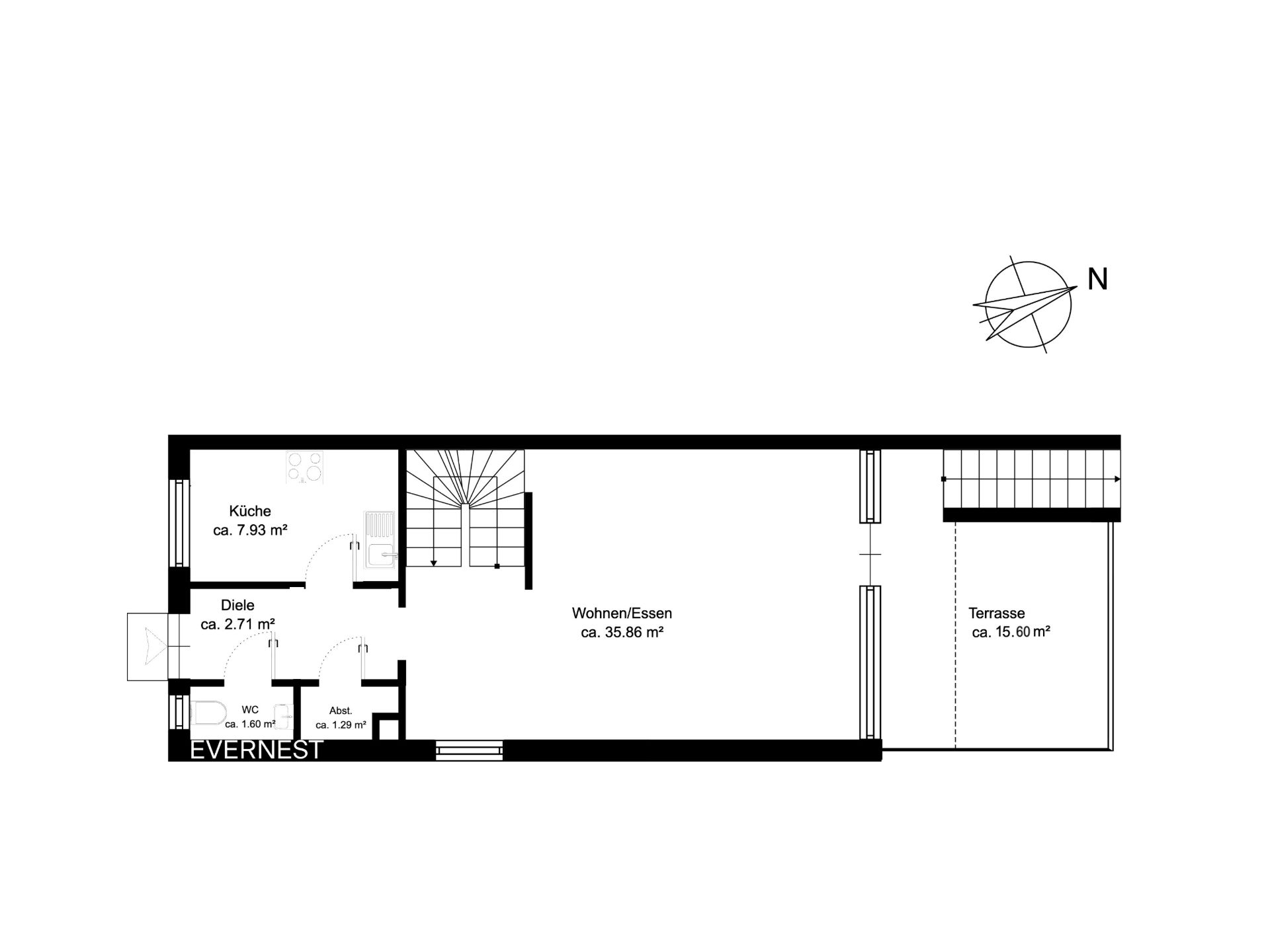 Grundriss mit Küche, Wohn-/Essbereich, WC, Abstellraum, Diele und Terrasse.