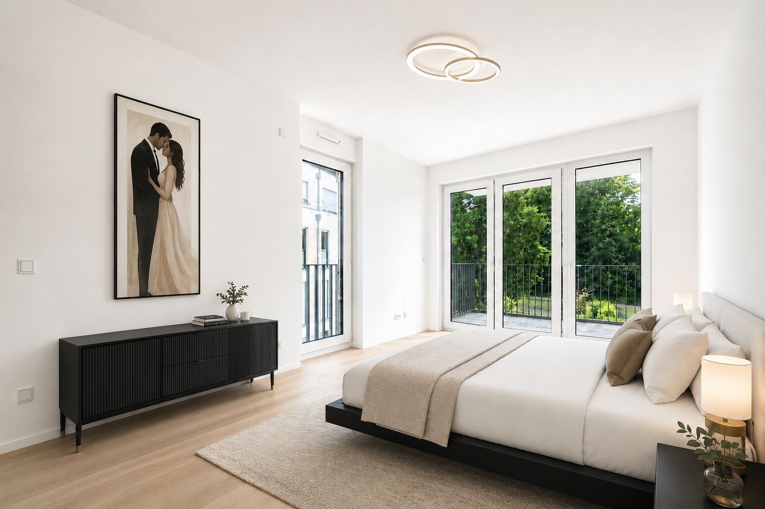 Helles Schlafzimmer mit großem Bett, Kommode, Kunstwerk an der Wand und großen Fenstern mit Blick ins Grüne.
