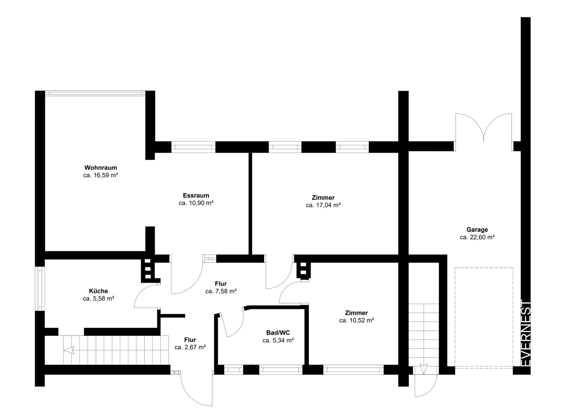 Grundriss eines Wohnhauses mit Küche, Wohnraum, Essraum, Zimmern, Bad/WC, Flur und Garage.