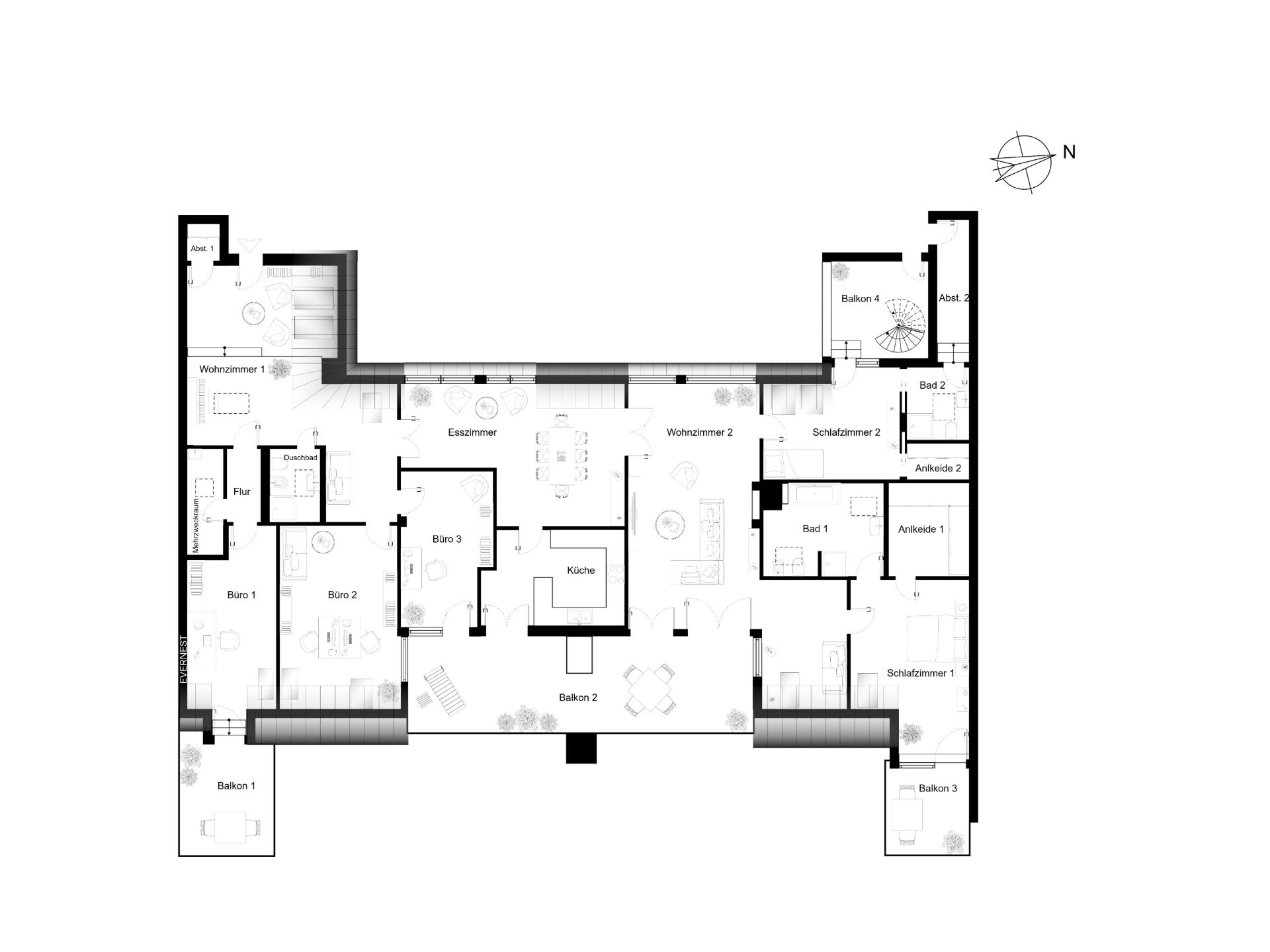 Grundriss einer Wohnung mit mehreren Zimmern, Balkonen, Küche und Badezimmern.