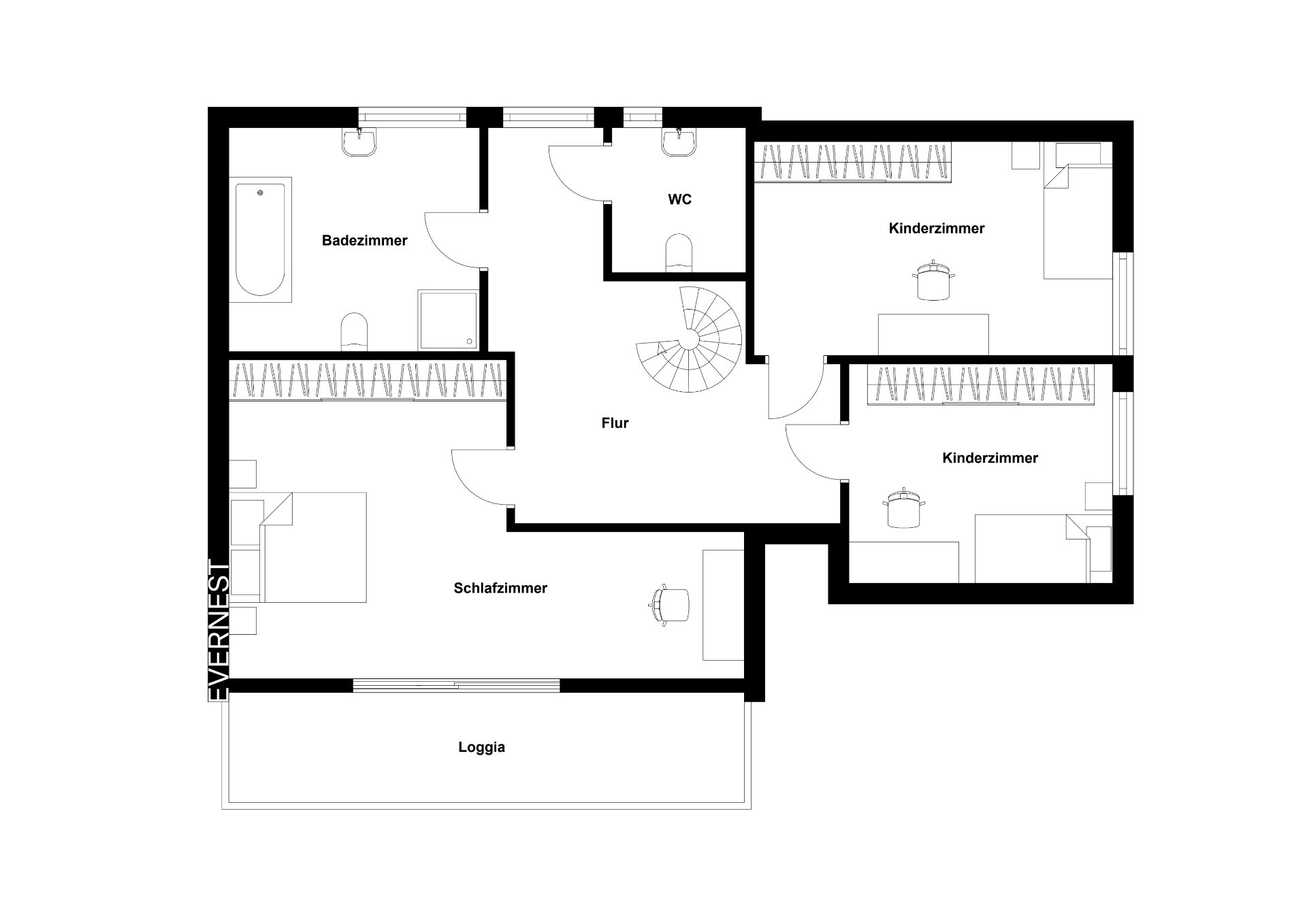 Grundriss mit Schlafzimmer, zwei Kinderzimmern, Badezimmer, WC, Flur und Loggia.